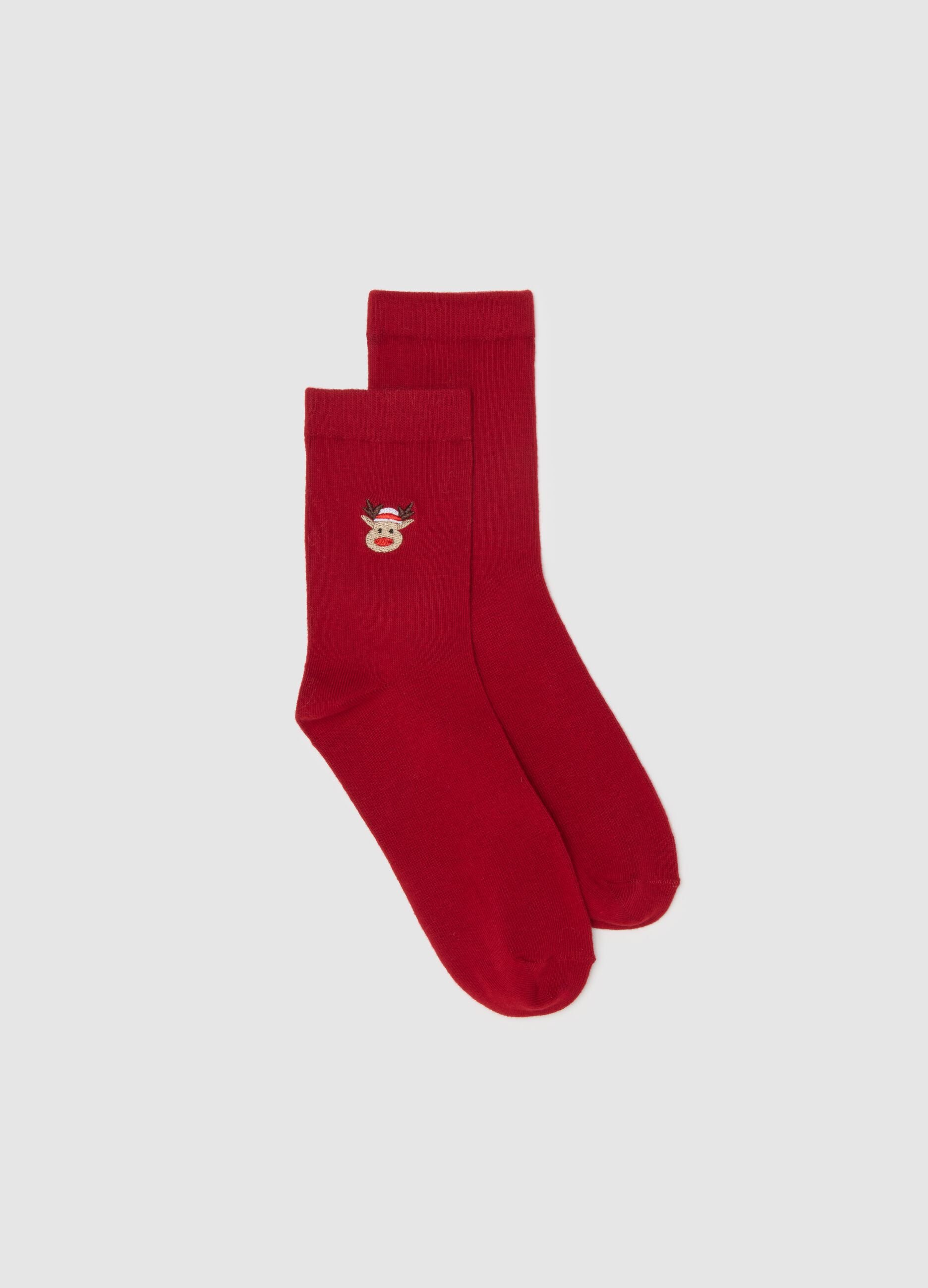 Red cotton stretch socks with Christmas embroidery