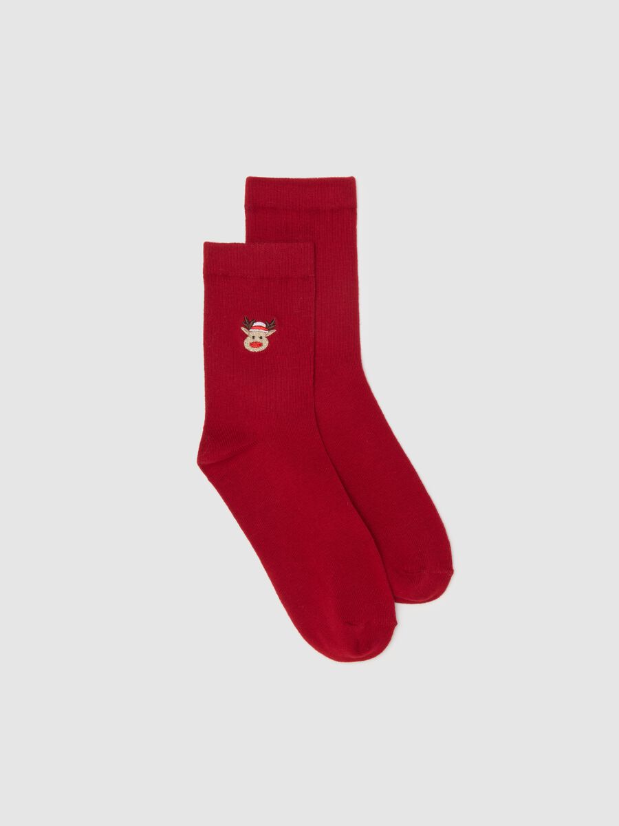 Red cotton stretch socks with Christmas embroidery_0