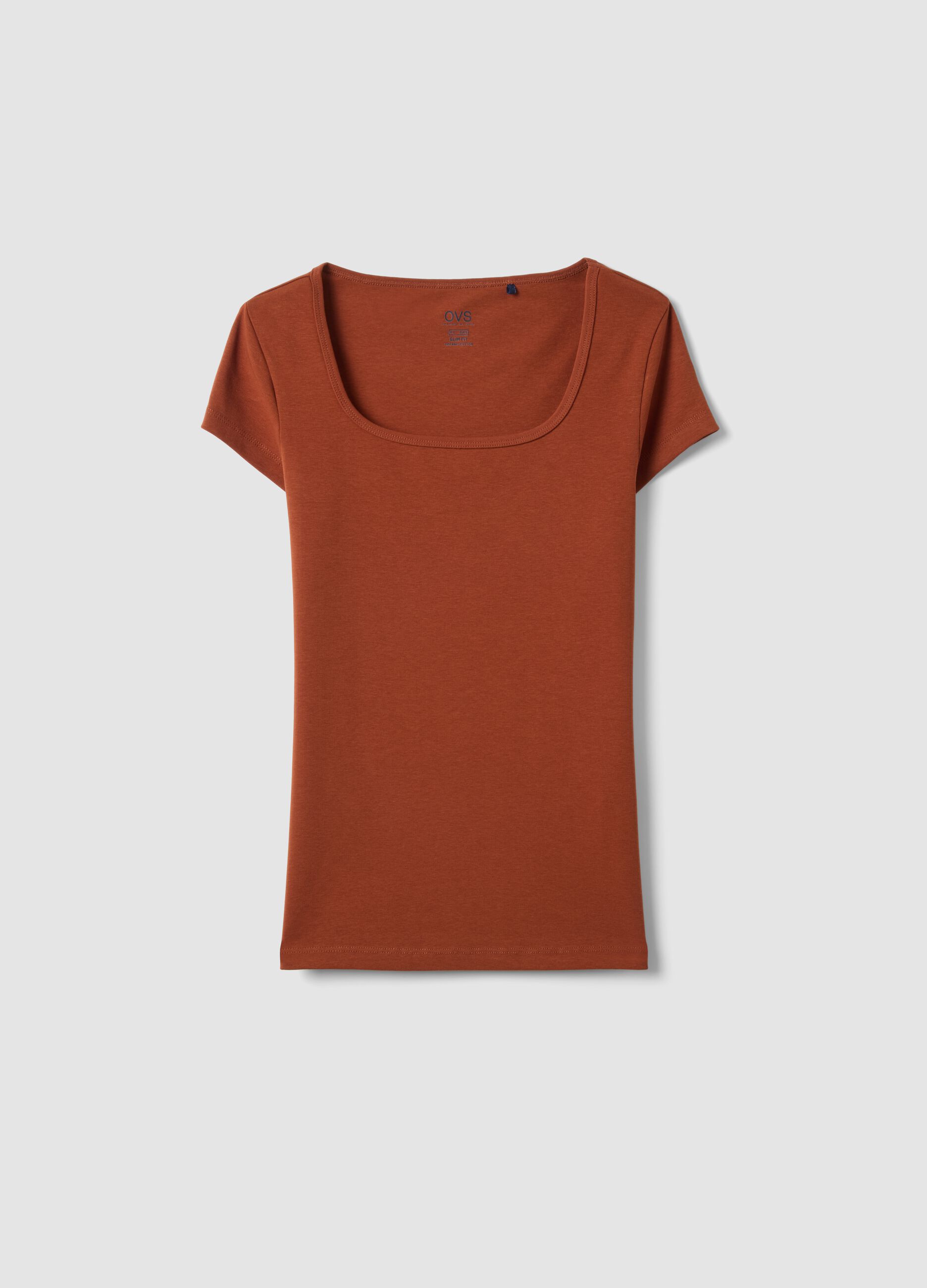 Orange fitted stretch-cotton T-shirt with square neckline
