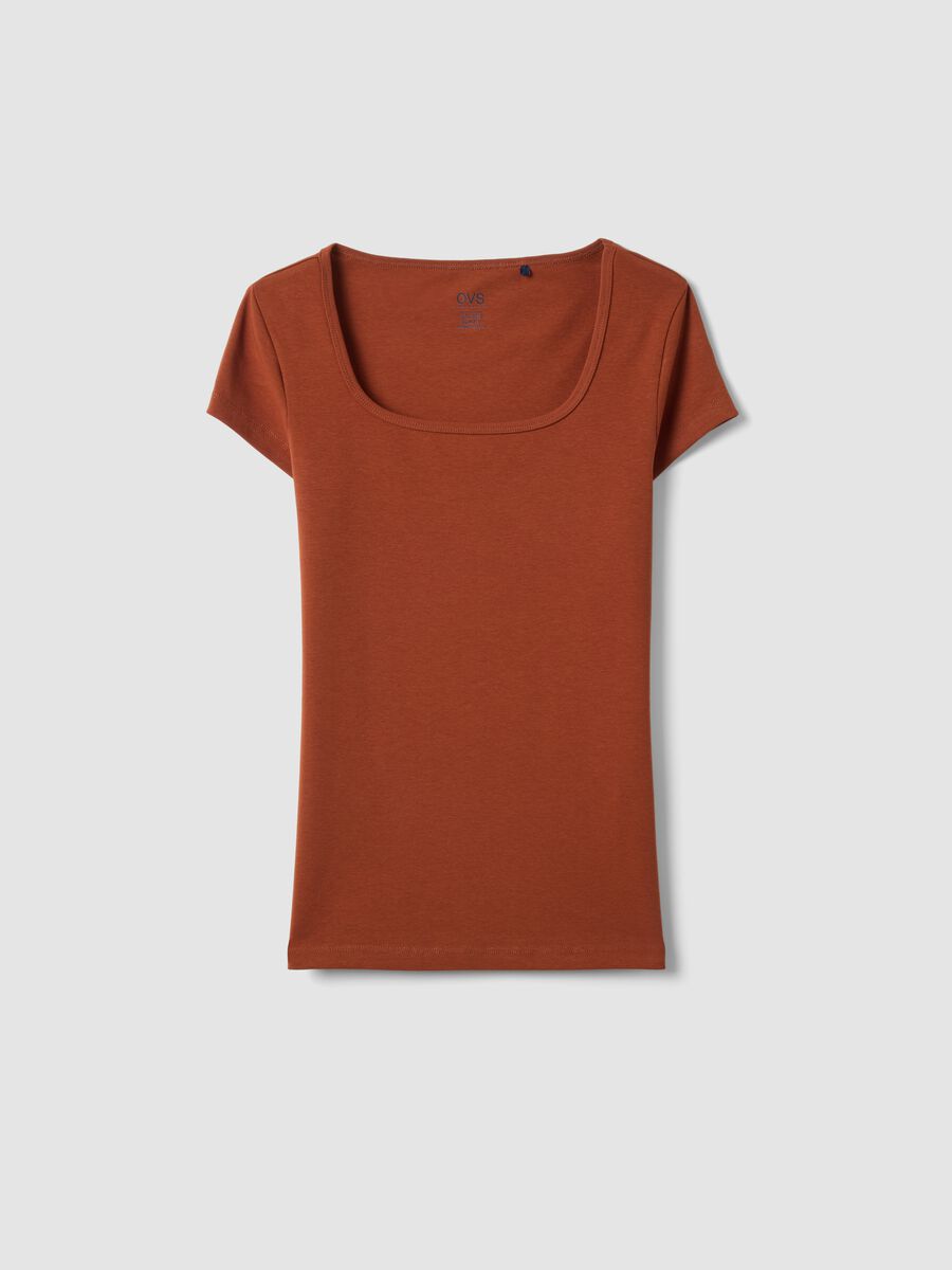 Orange fitted stretch-cotton T-shirt with square neckline_4