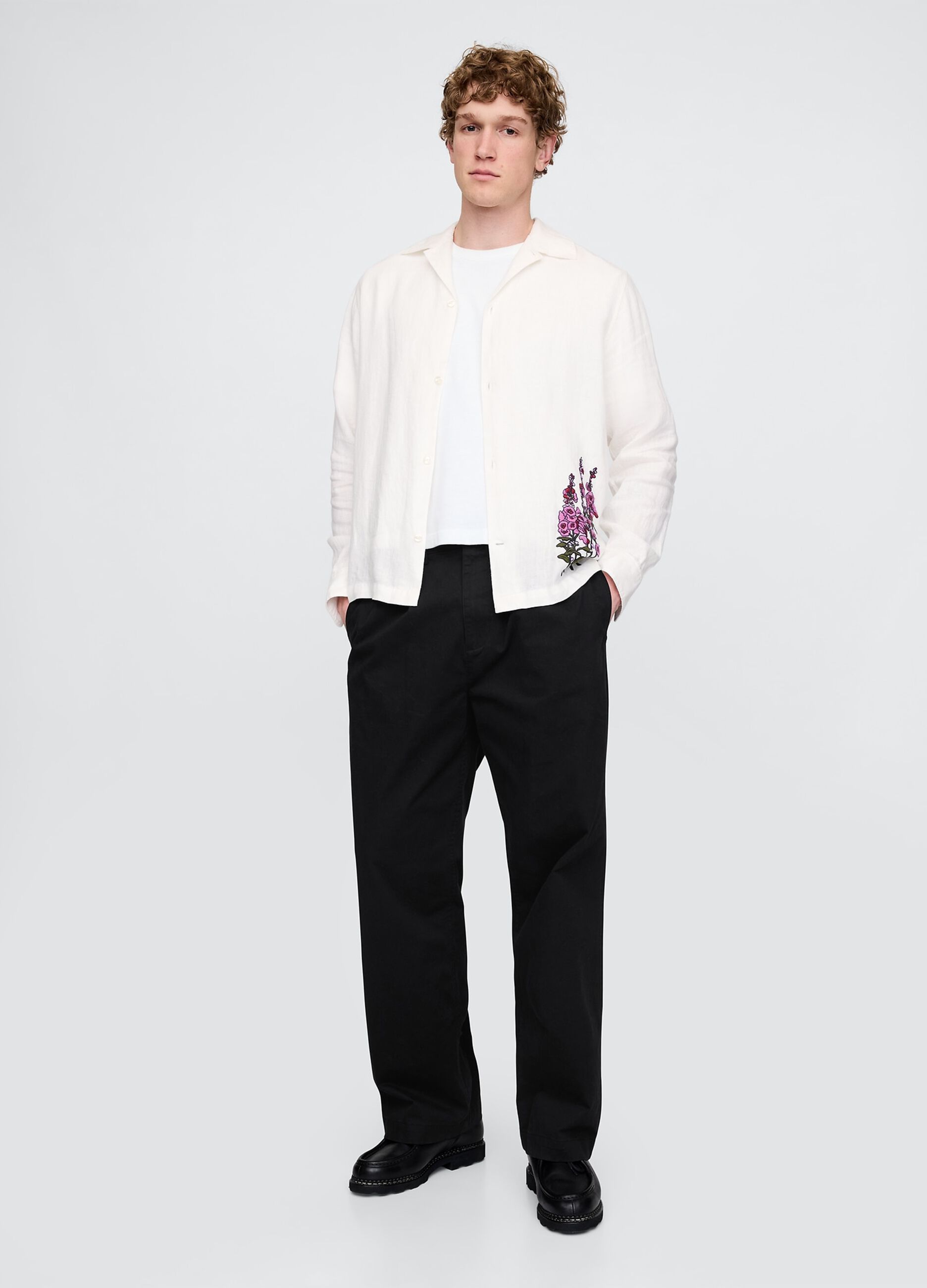 White Shirt with Floral Embroidery