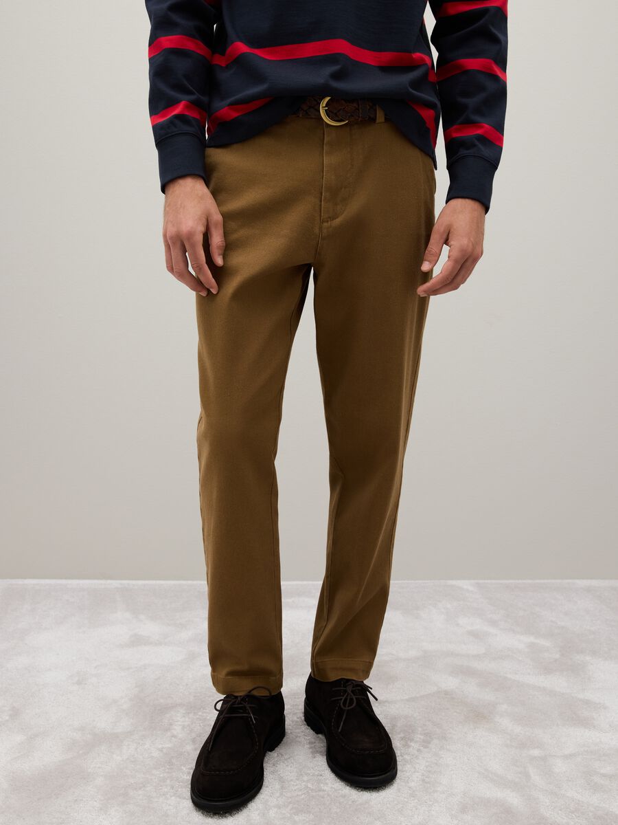Brown stretch cotton carrot fit trousers_1