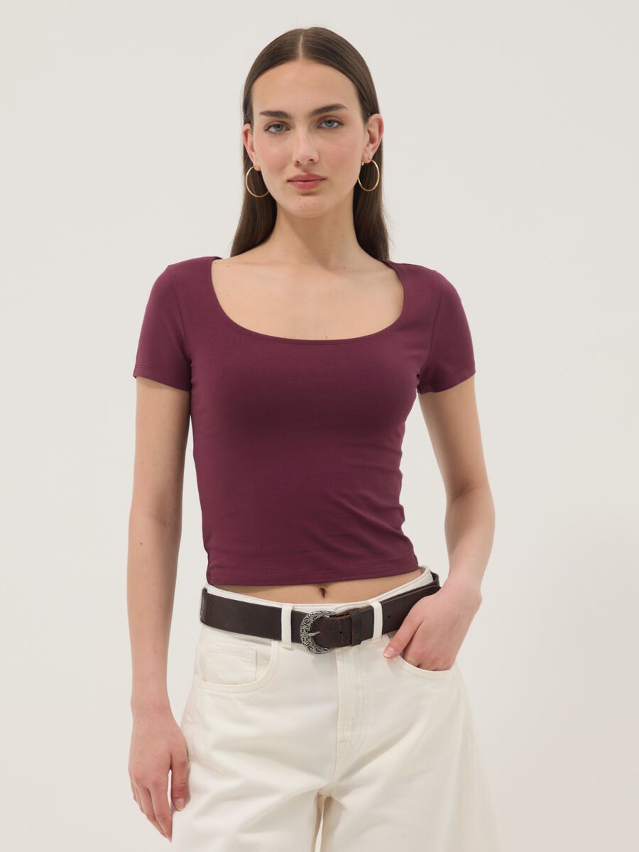Purple stretch-cotton T-shirt with square neckline_1