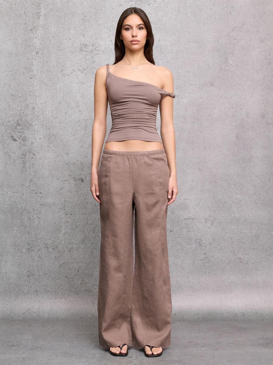 100% Linen Wide-Leg Trousers in Mocha_0