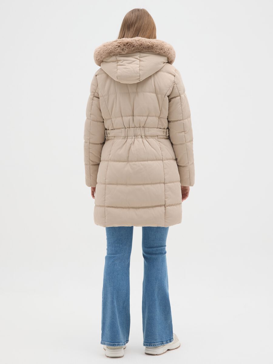 Black regular fit long padded jacket with hood and zip_2