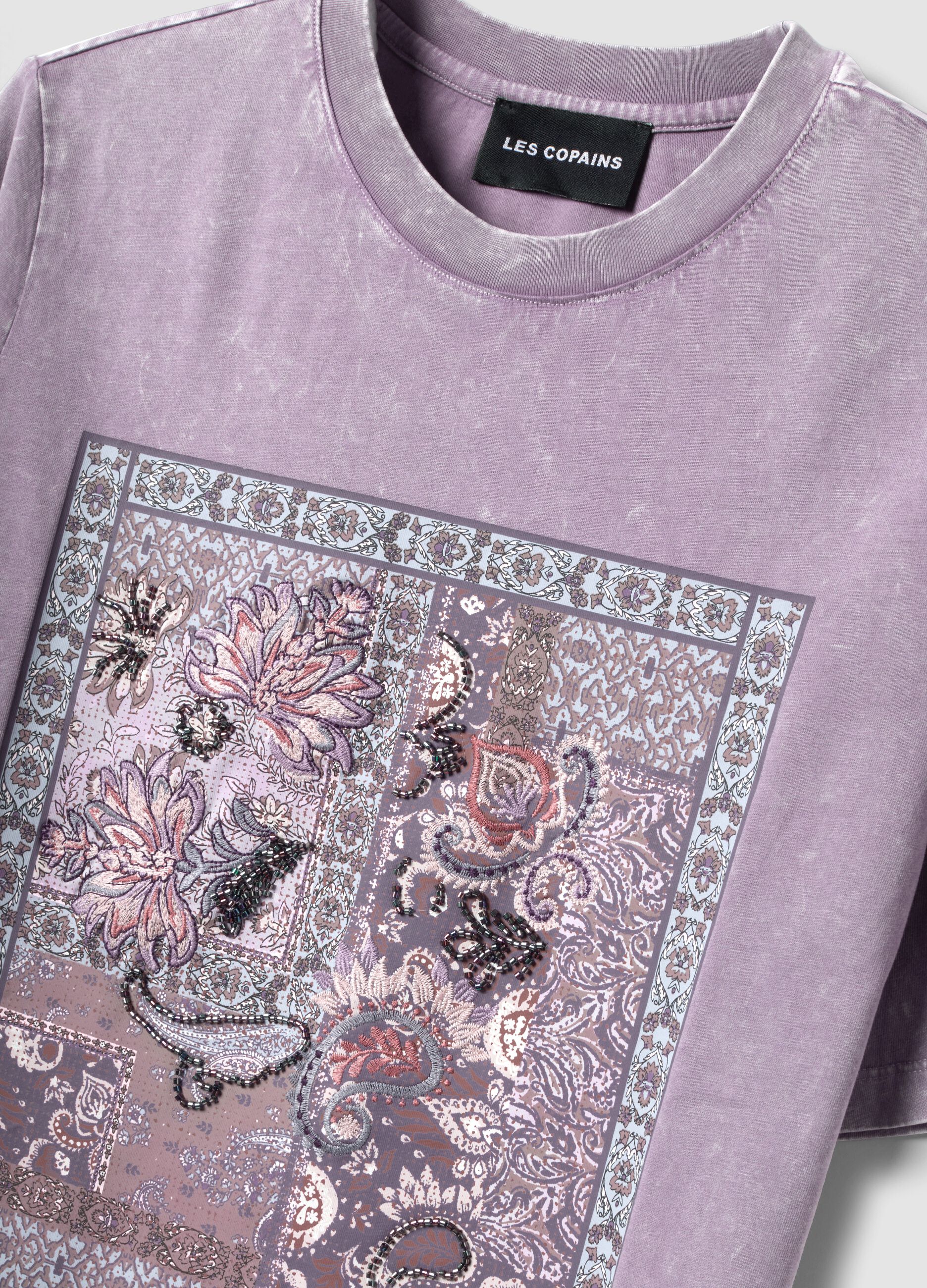Purple pure cotton T-shirt with floral print, relaxed fit