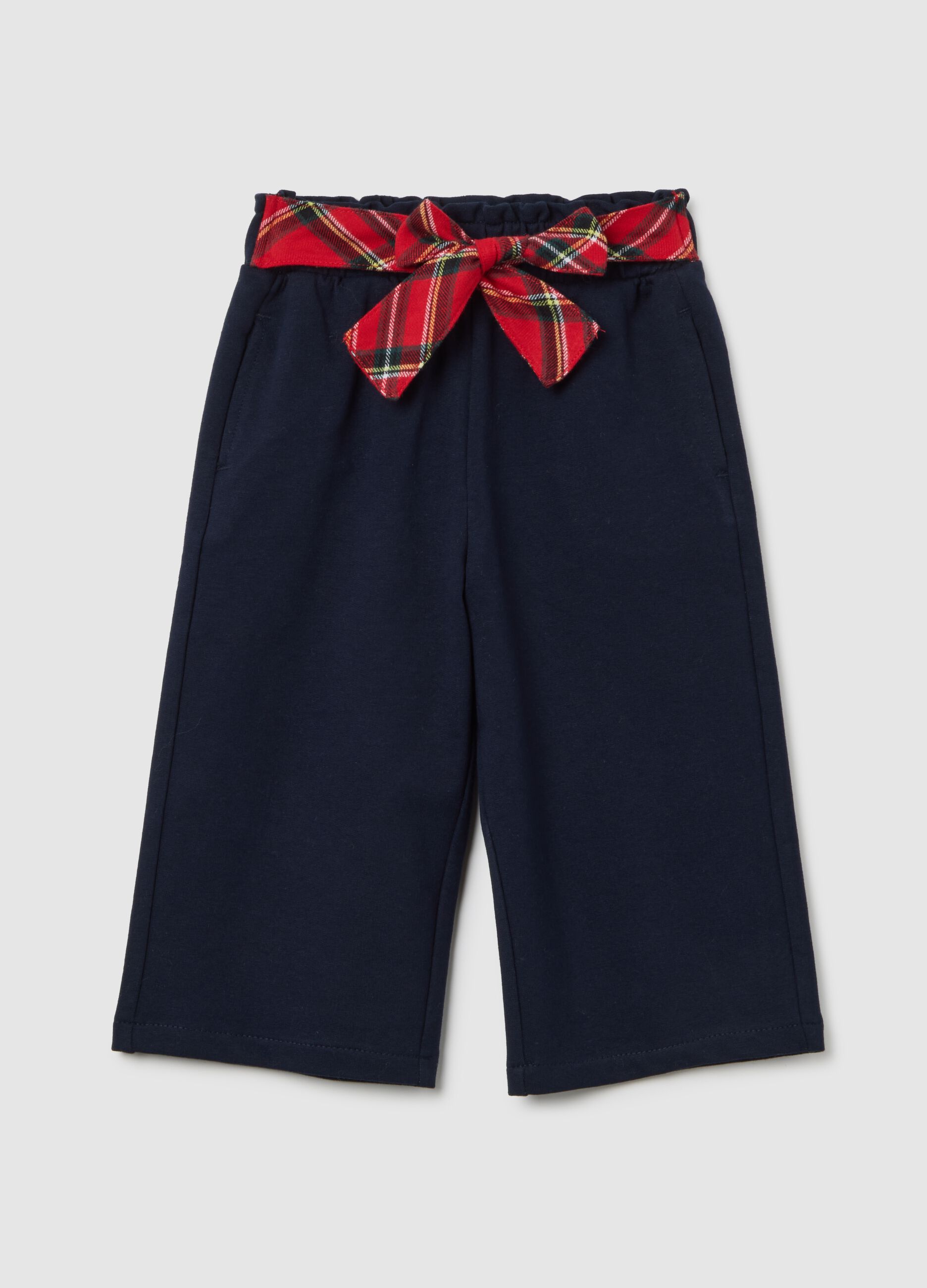 Girls' blue cotton trousers regular fit with tartan bow