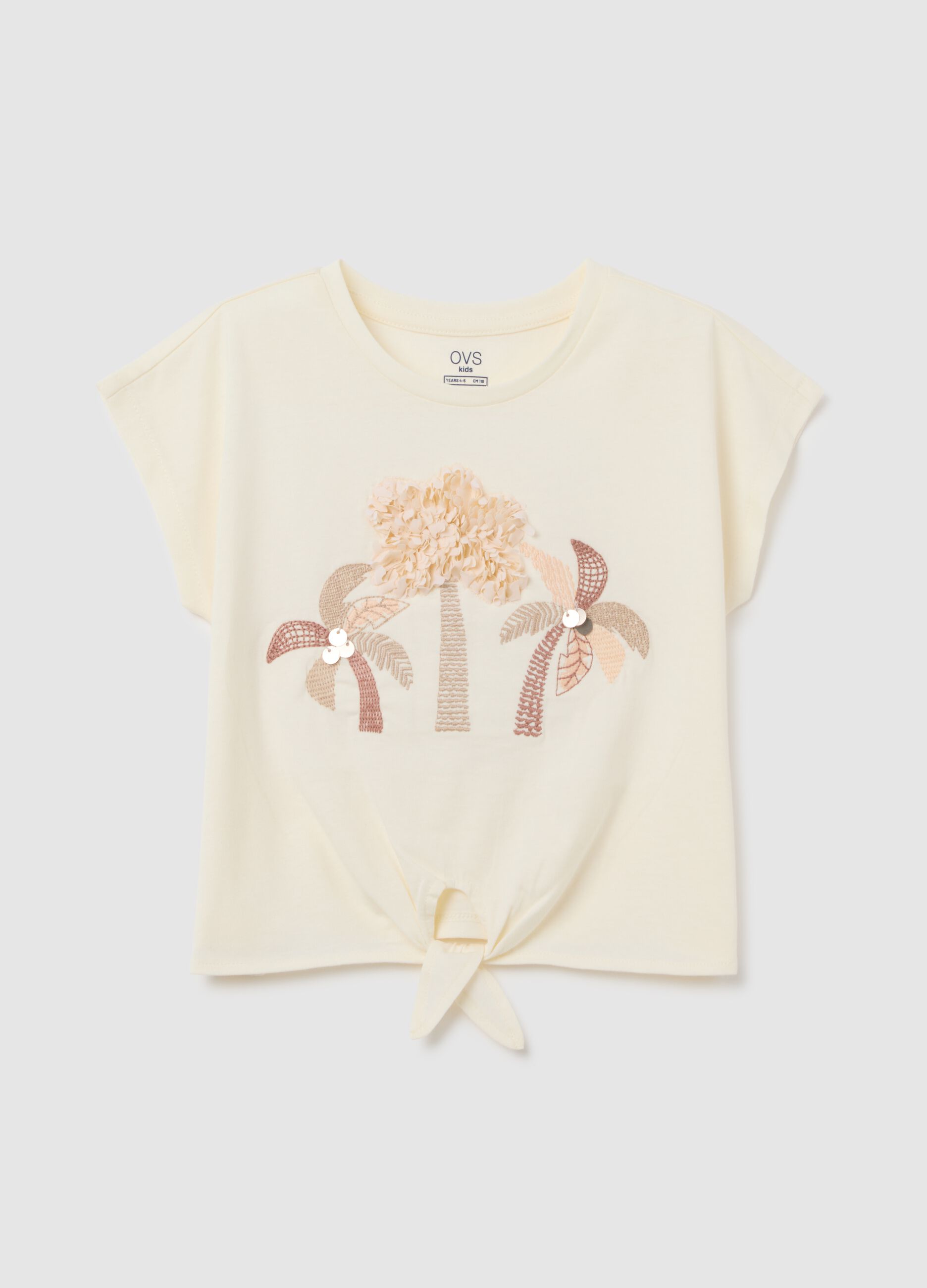 Girls' beige pure cotton t-shirt regular fit with knot and embroidery