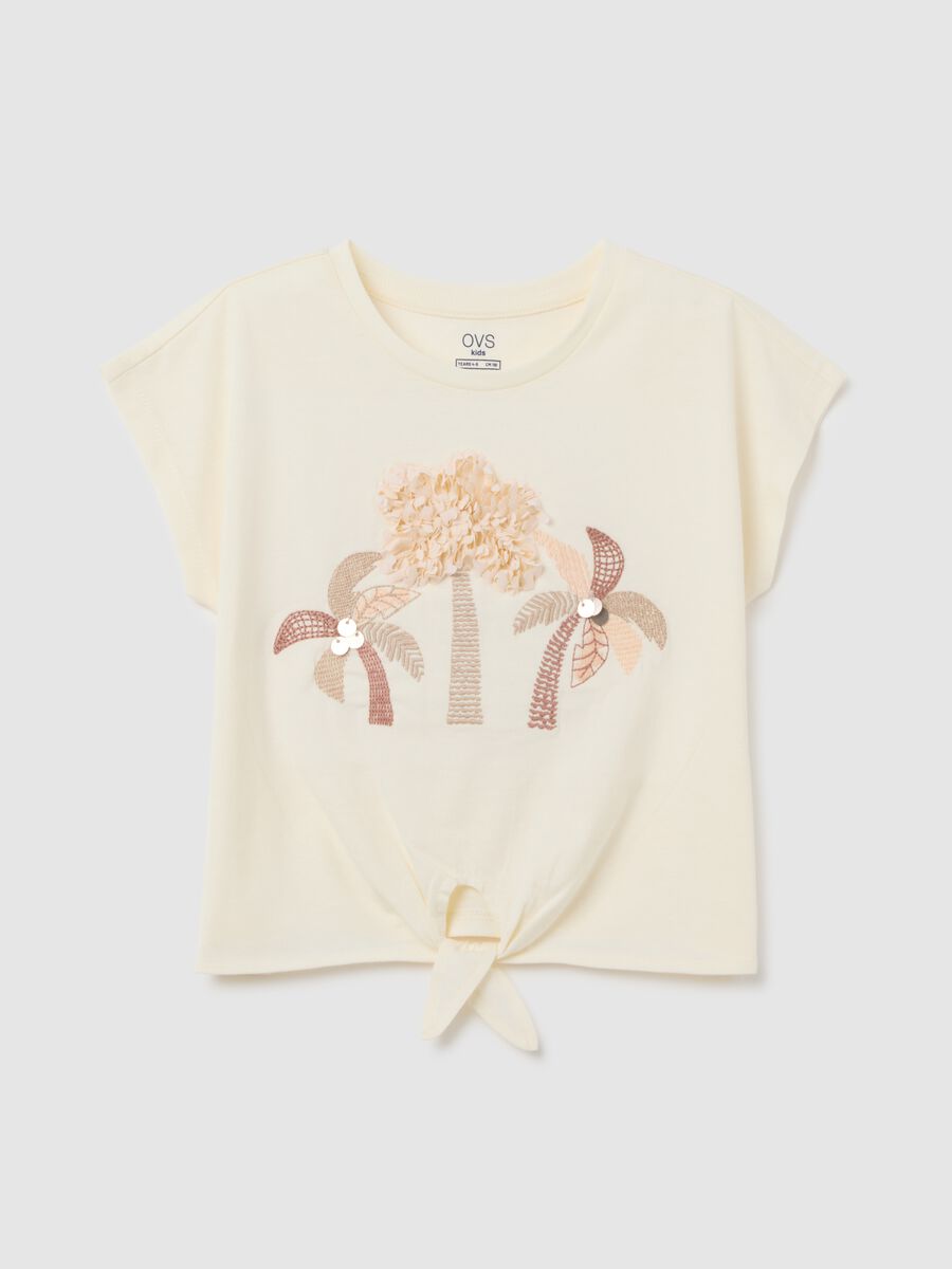 Girls' beige pure cotton t-shirt regular fit with knot and embroidery_0