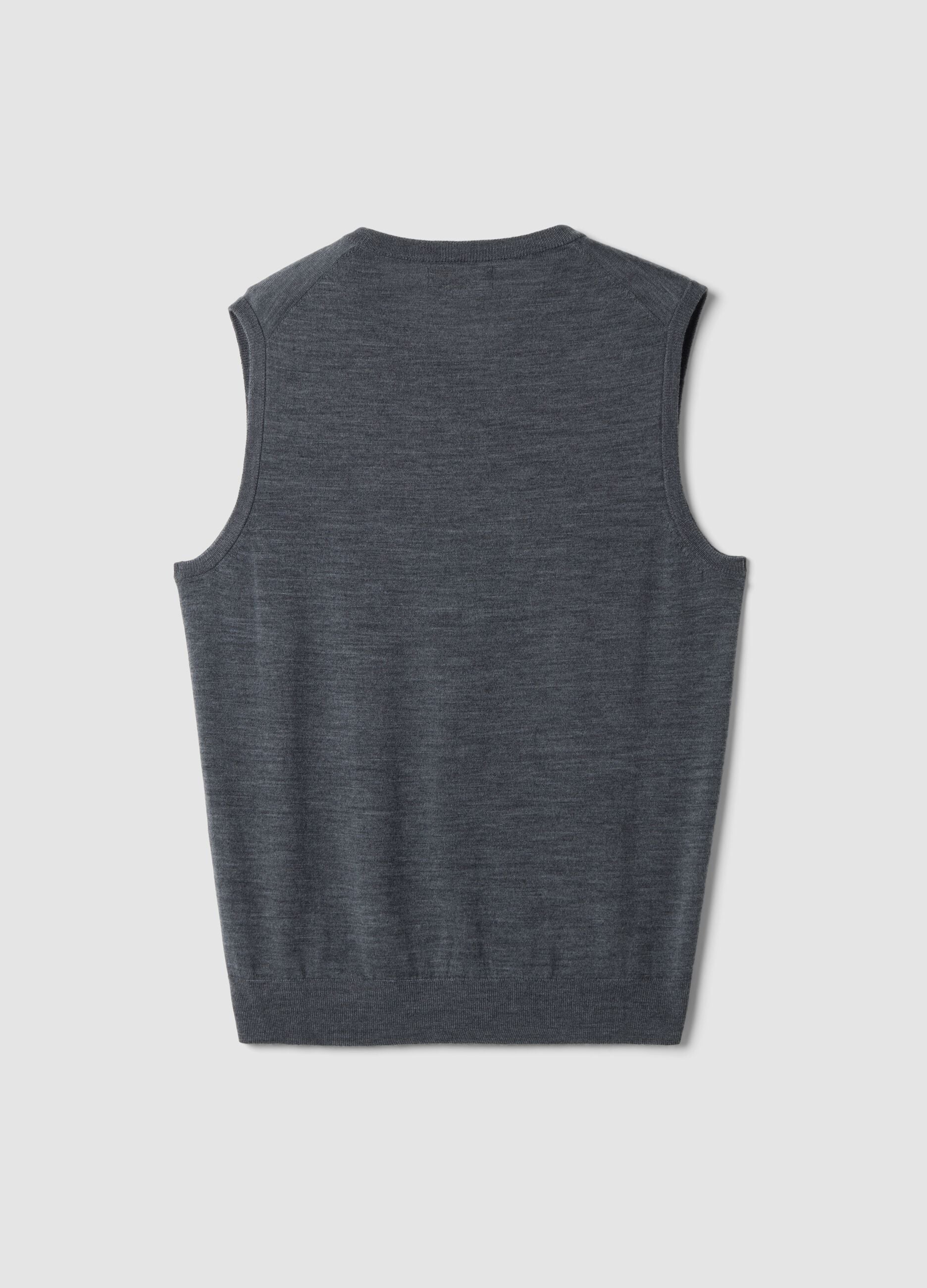 Grey m&eacute;lange pure merino wool deep V-neck waistcoat, regular fit