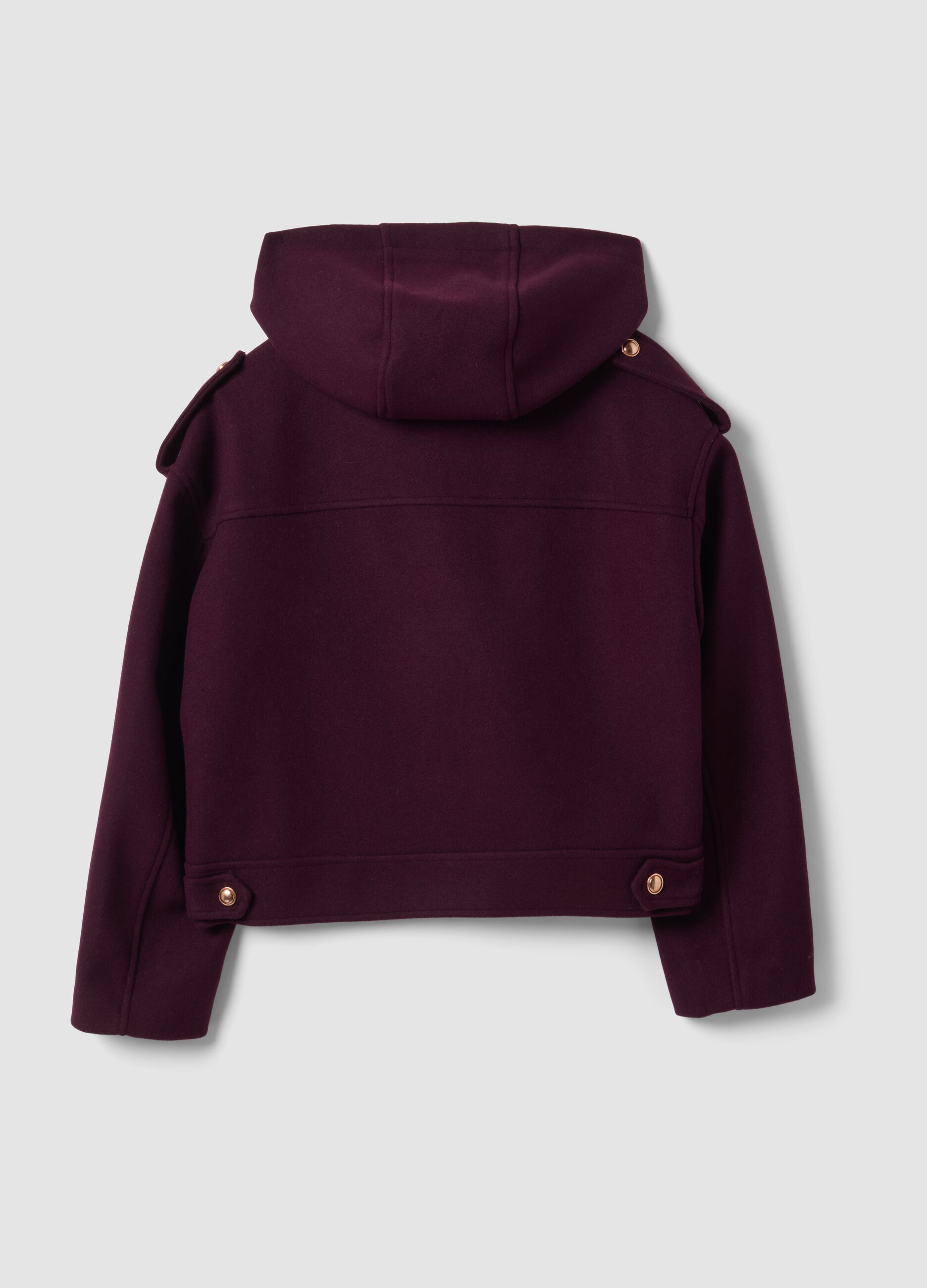 Purple hooded jacket with press-stud fastening