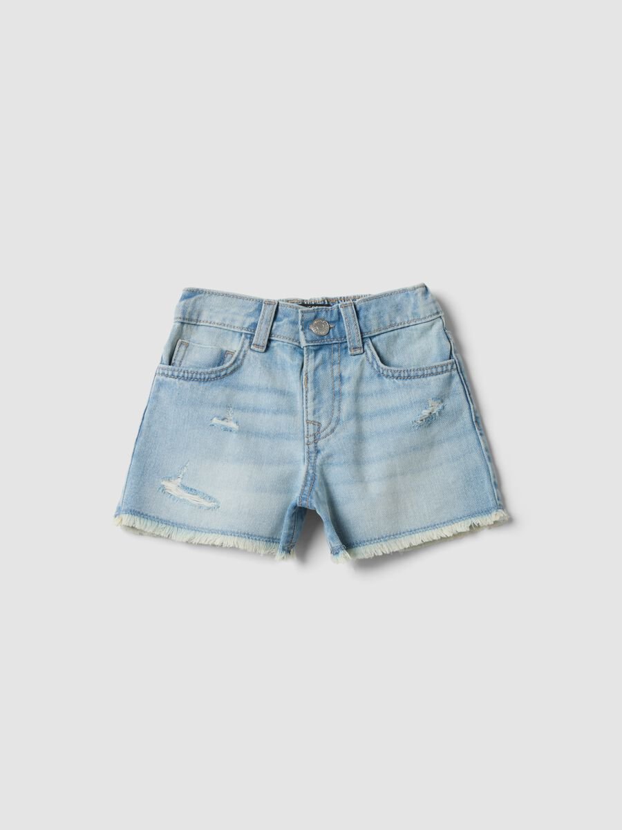 Shorts denim blu in puro cotone da bambina regular fit con strappi_0