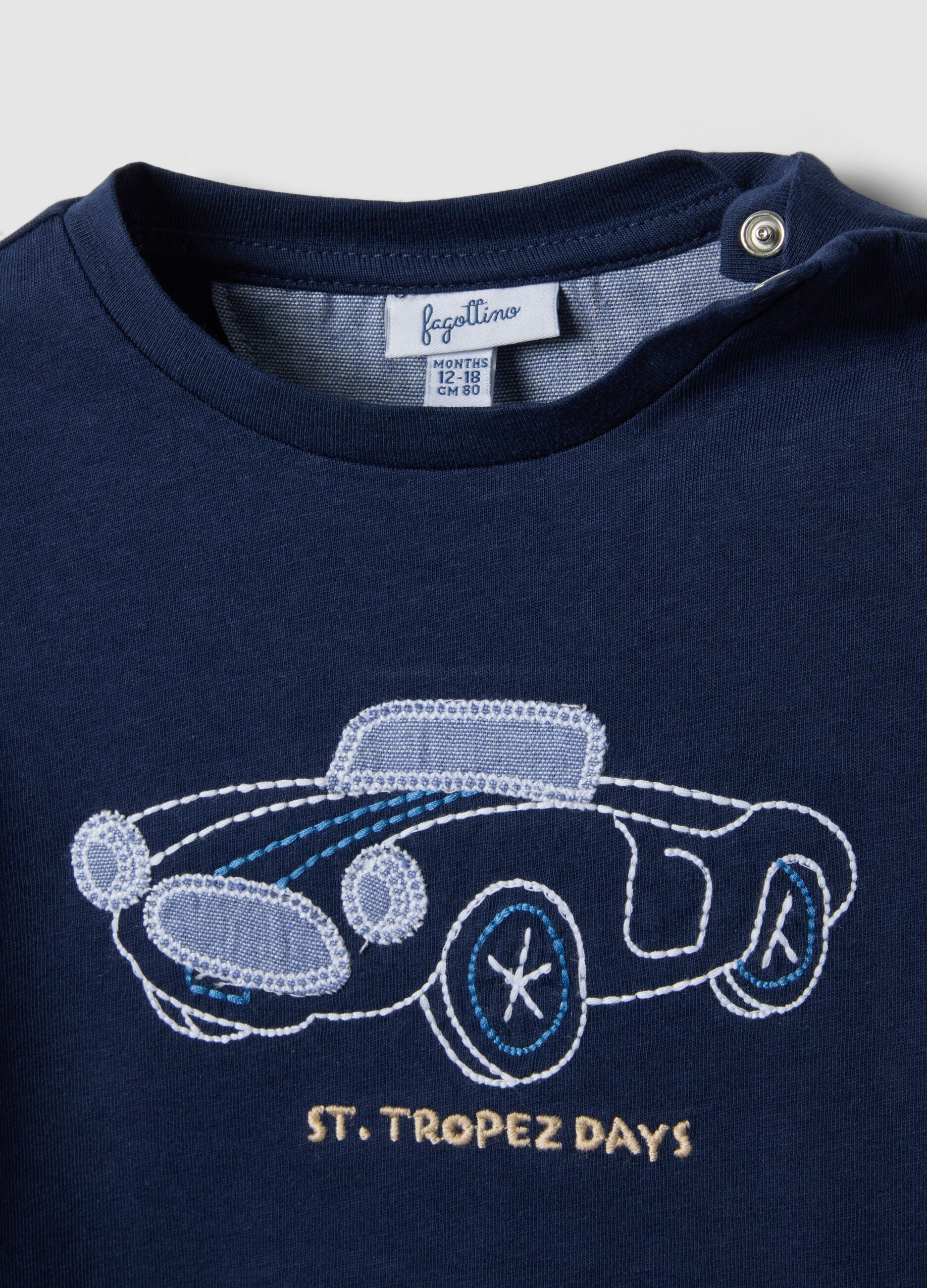 Blue pure cotton children's t-shirt regular fit with embroidered car