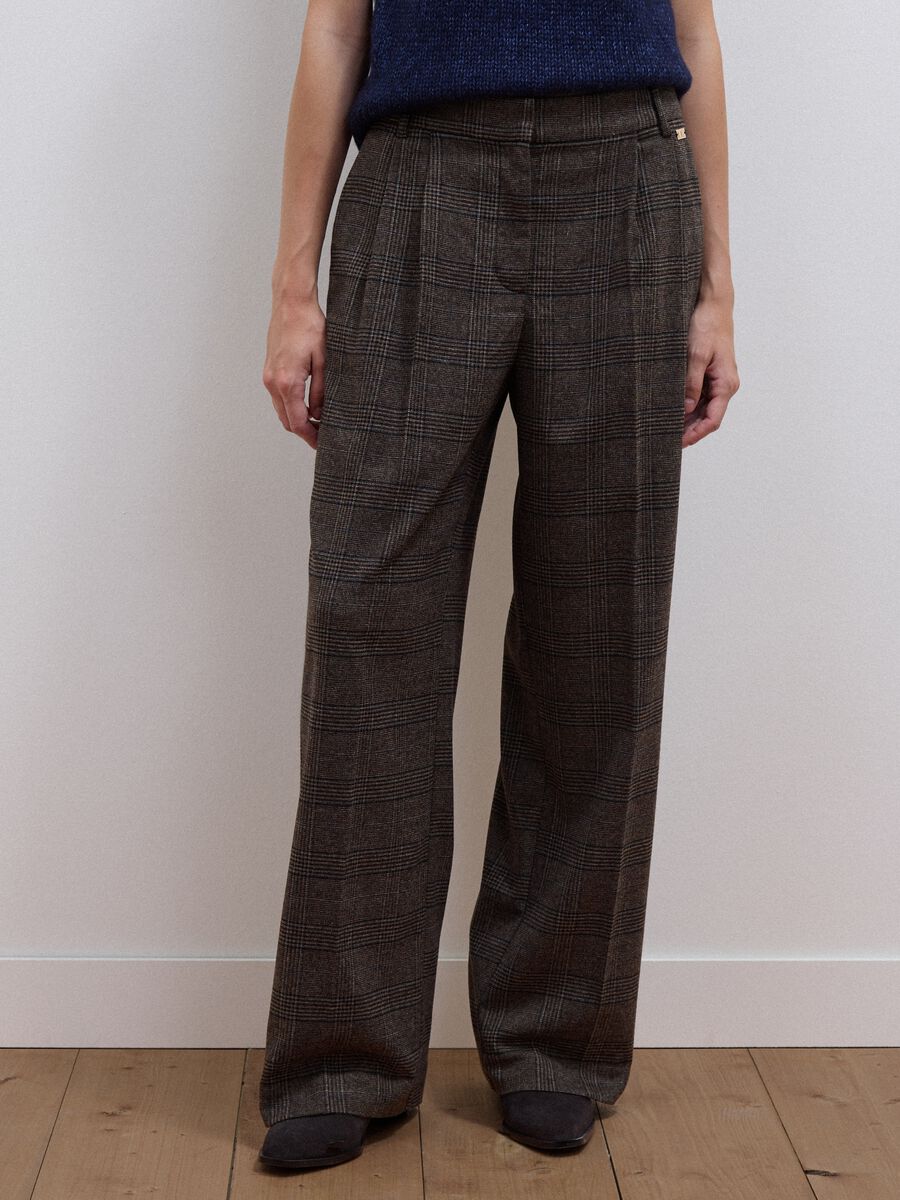 Brown wide-leg checked stretch-viscose trousers_1