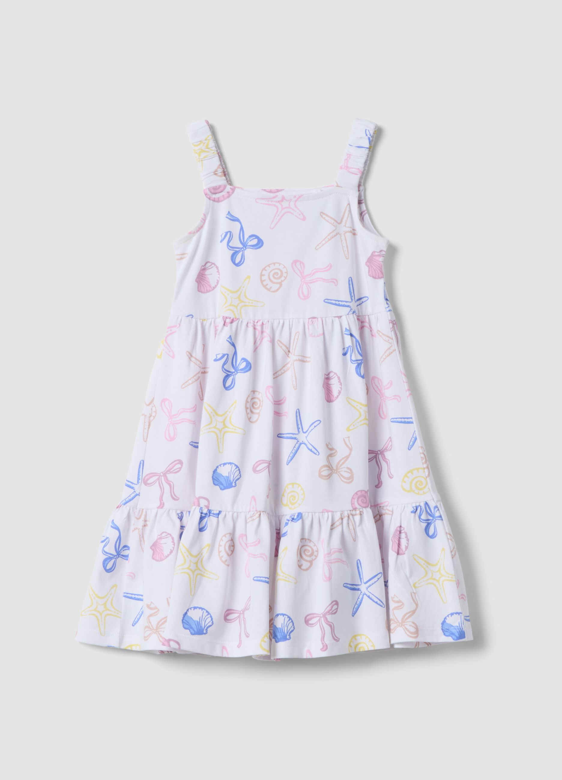 White pure cotton girls&rsquo; dress, regular fit, with seaside prints