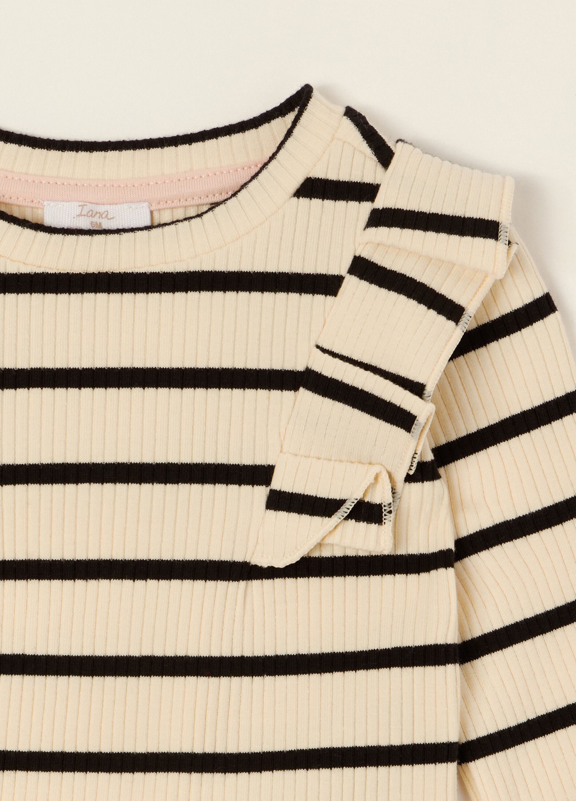Beige striped long-sleeve stretch cotton top for baby girls