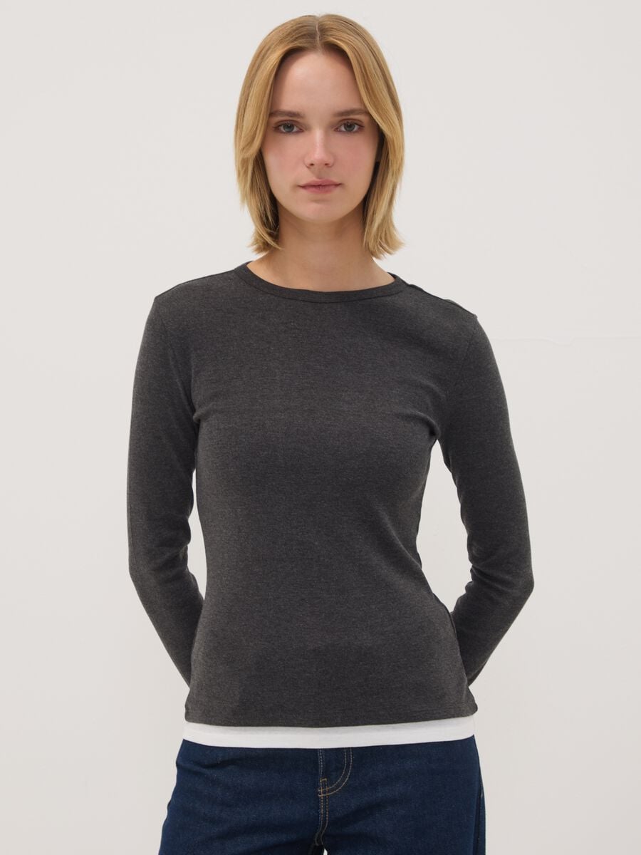 T-shirt grigia in misto cotone con girocollo_1