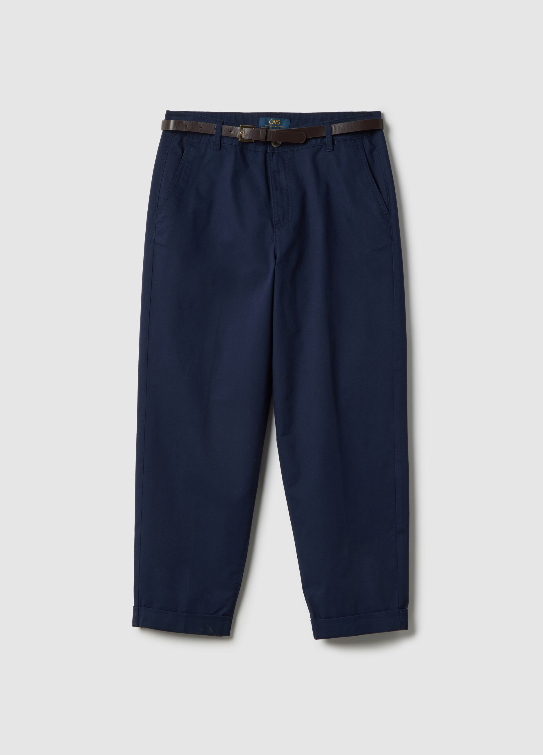 Regular fit blue pure cotton chino trousers with belt
