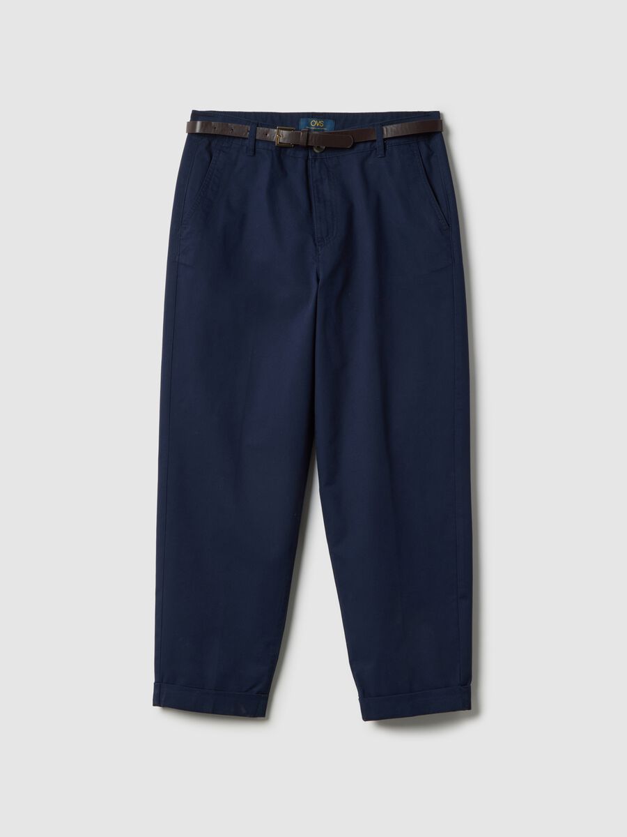 Regular fit blue pure cotton chino trousers with belt_0