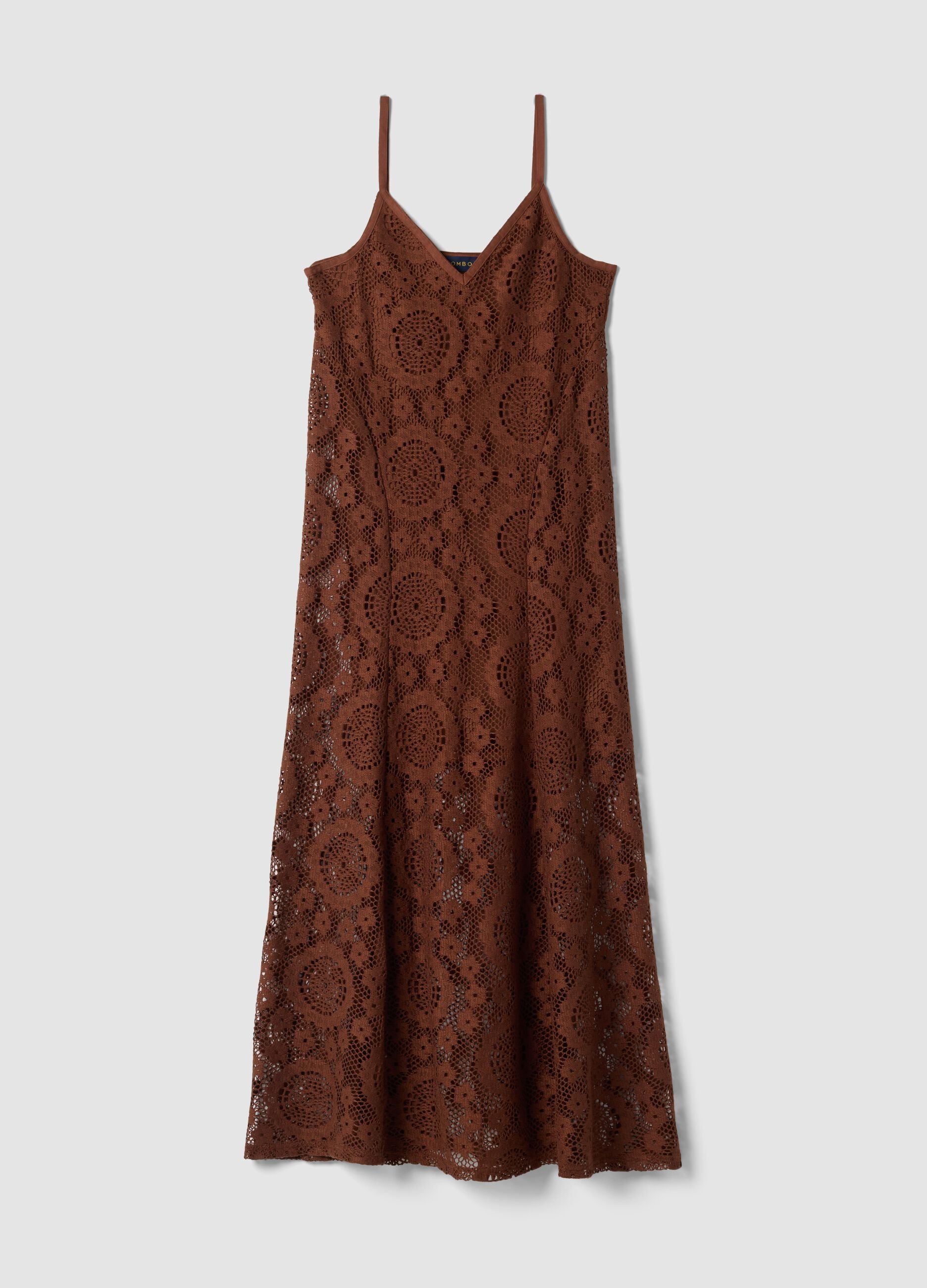 Long brown crochet dress with V-neck, regular fit