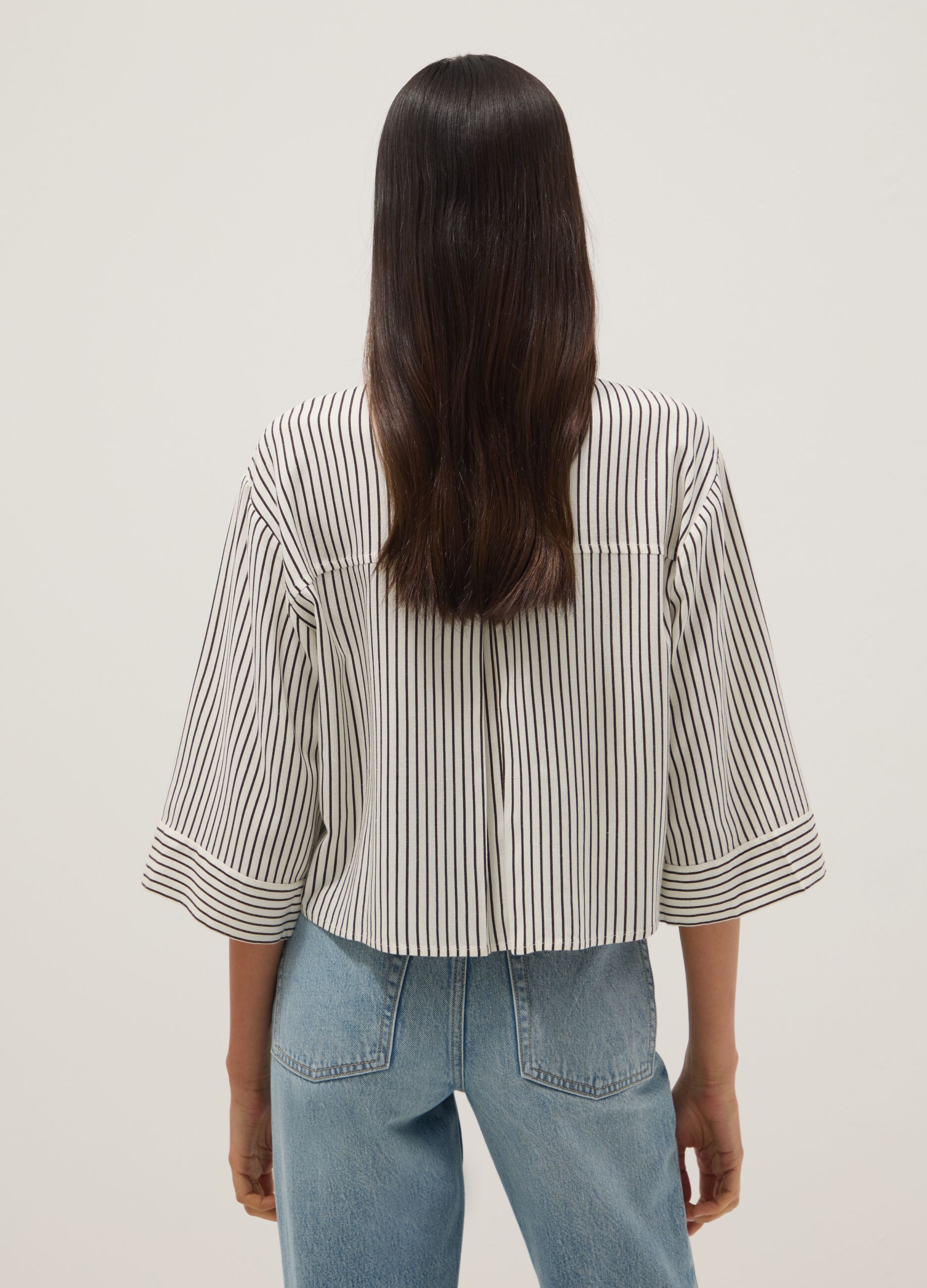 Regular-fit white and brown striped viscose-linen blend shirt