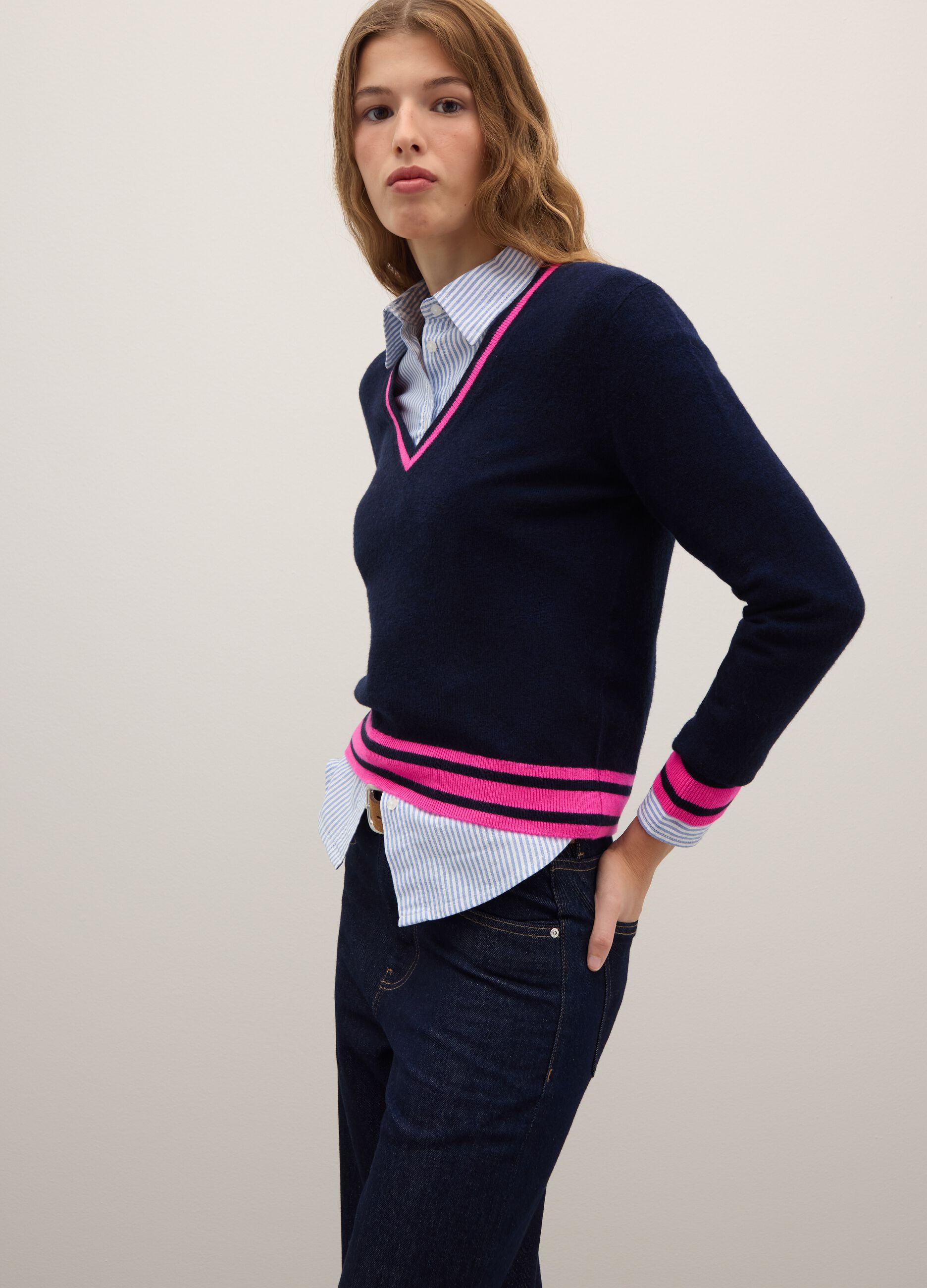 Multicolour blue pure wool sweater with striped regular fit