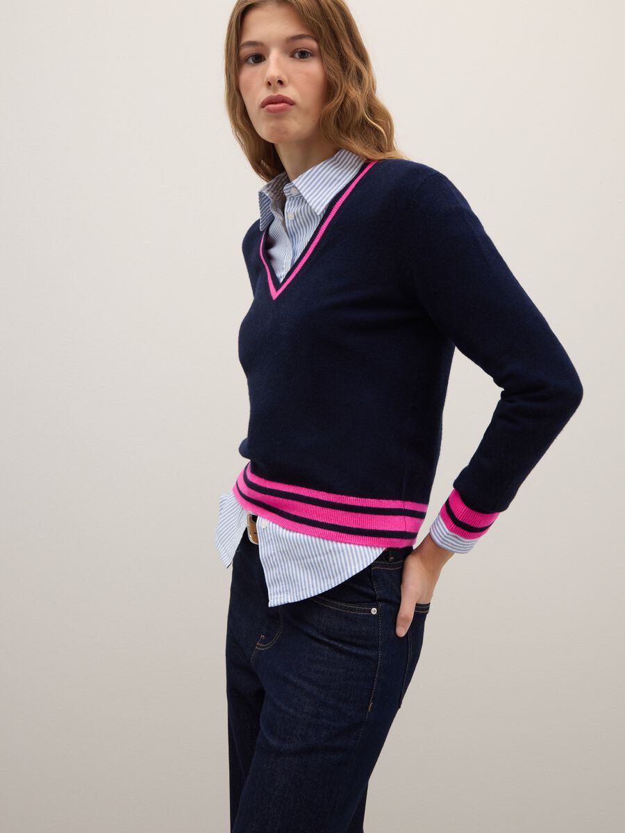 Multicolour blue pure wool sweater with striped regular fit_1