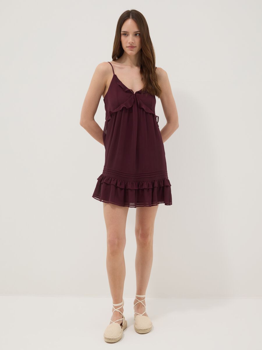 Purple mini dress with ruffles and plunging neckline_0