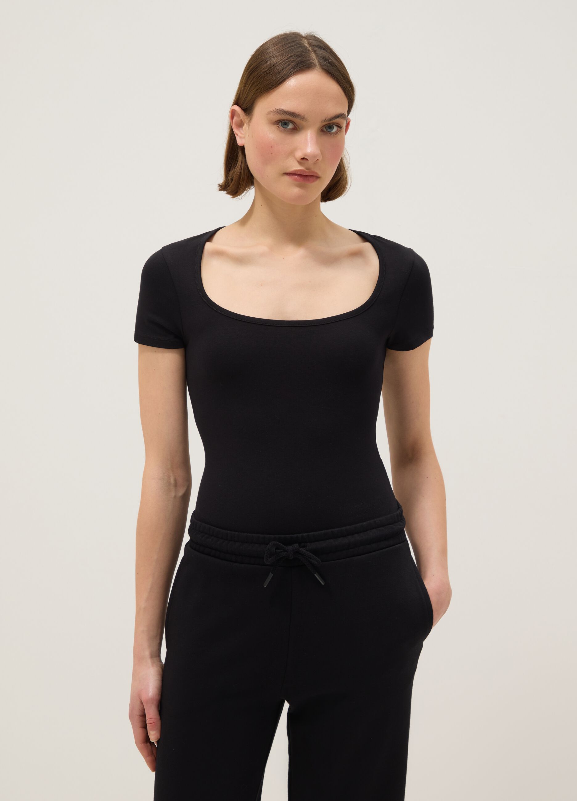 Regular fit black stretch cotton bodysuit with square neckline