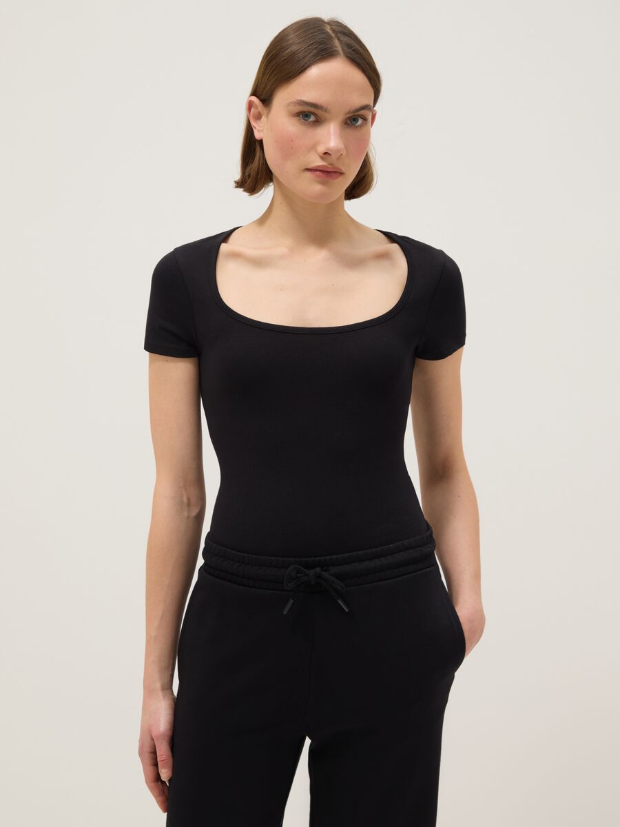 Regular fit black stretch cotton bodysuit with square neckline_0