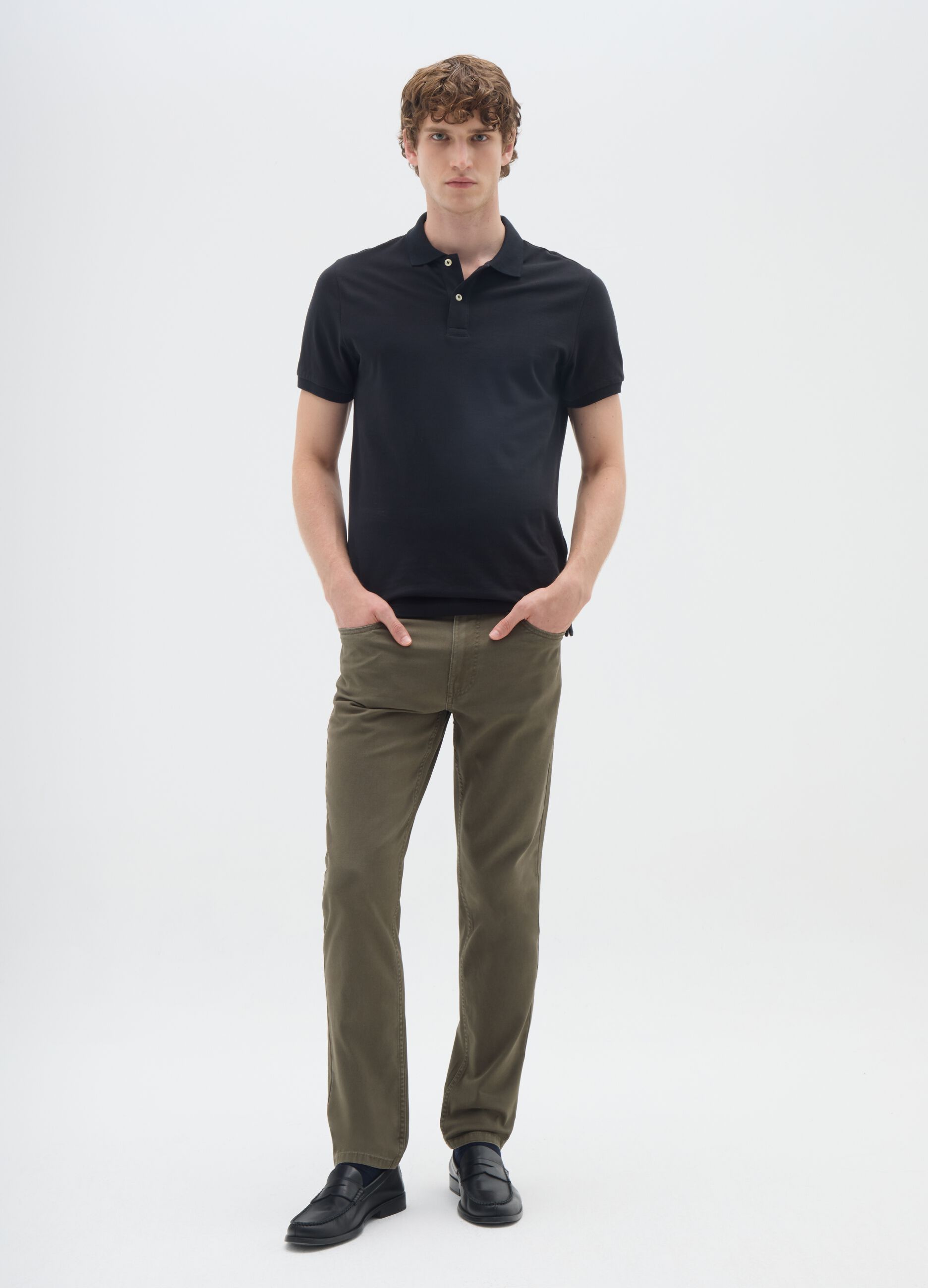 Green stretch cotton slim fit trousers