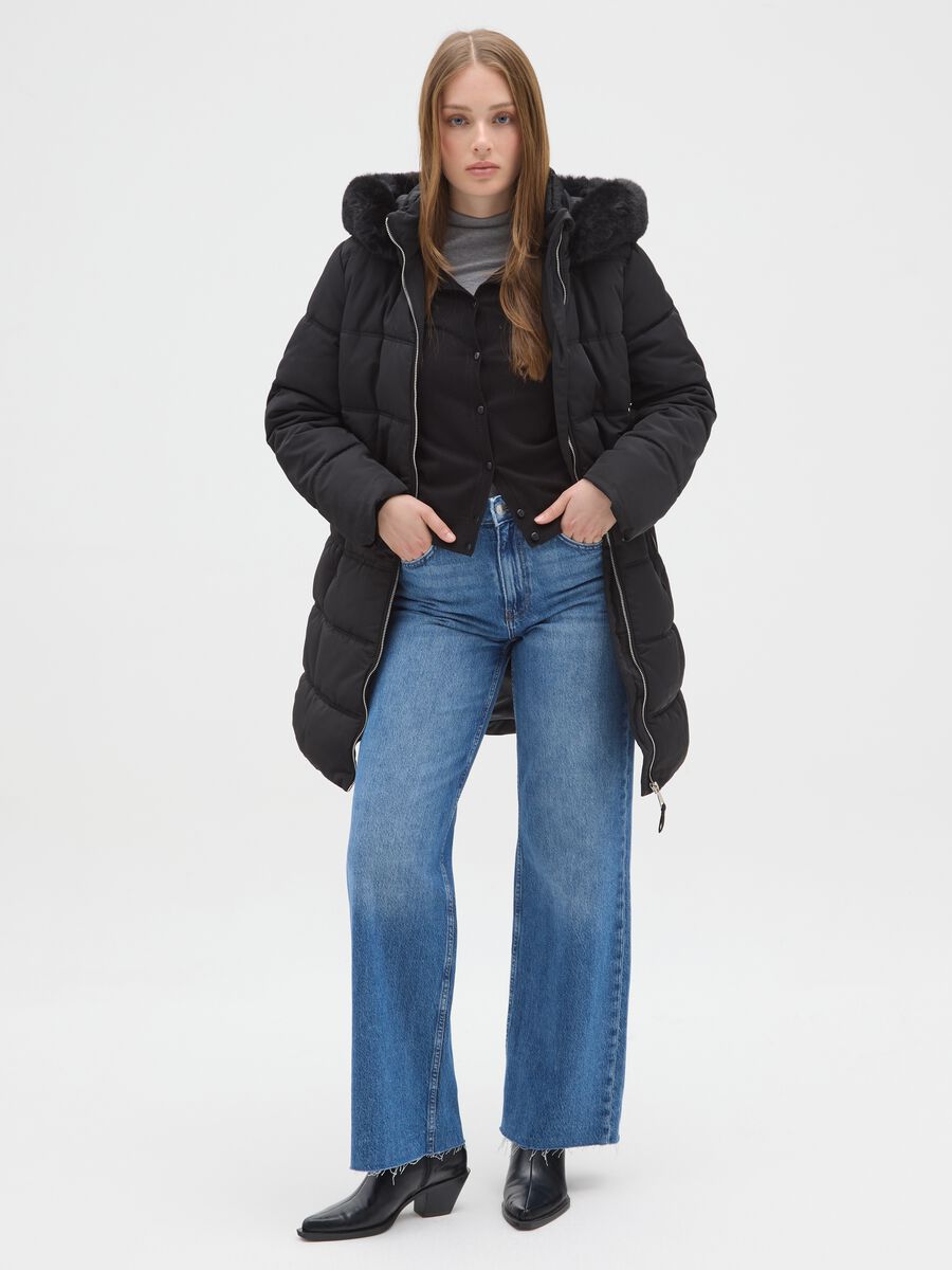 Black long padded jacket regular fit with hood and zip_1