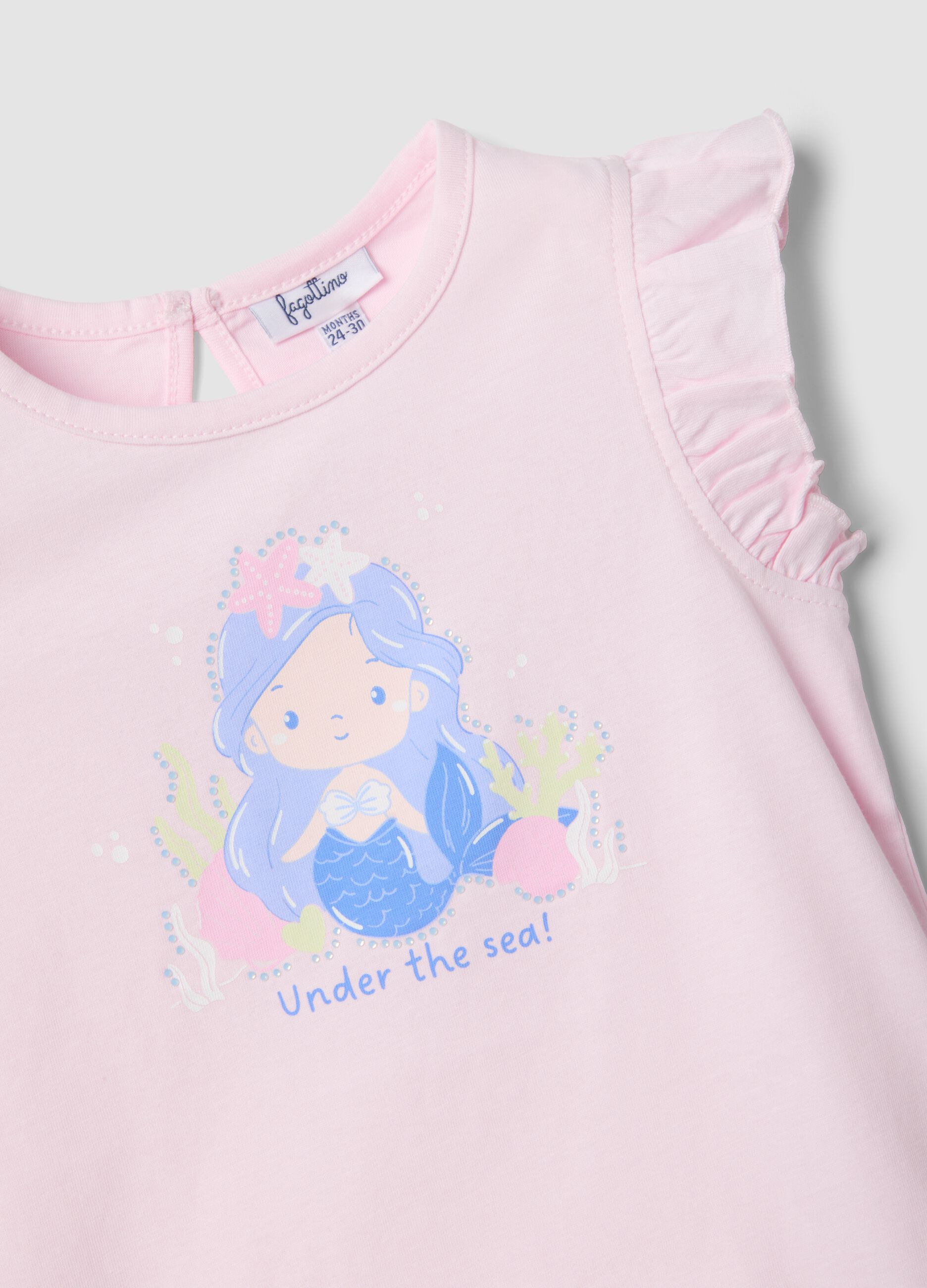 Pink organic cotton girls&rsquo; tank top with print and ruffles