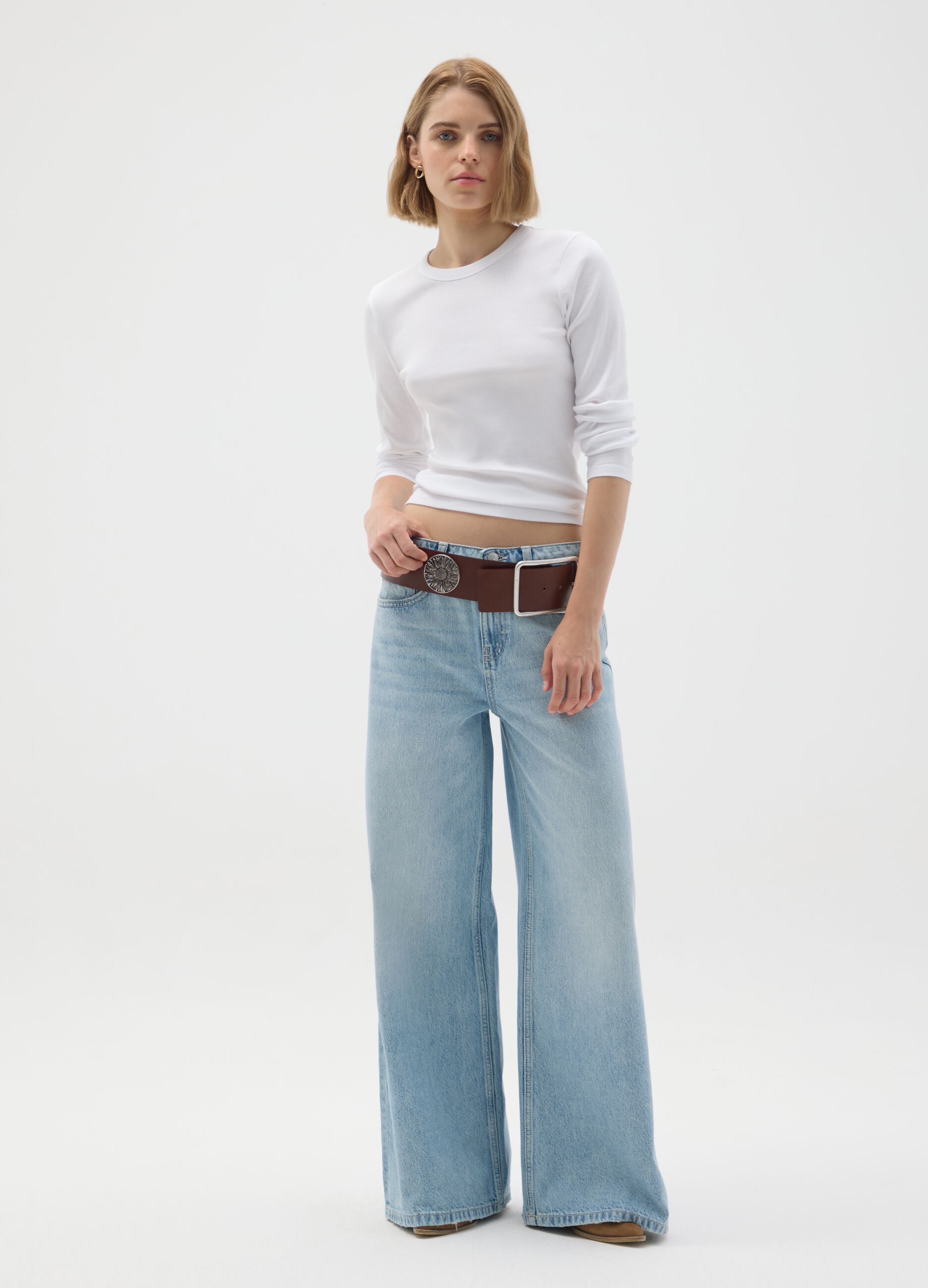 Wide leg pure cotton blue jeans
