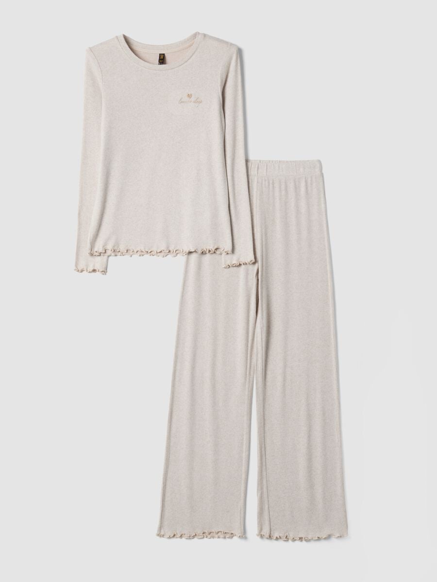 Beige stretch viscose pyjamas with crew neck_0