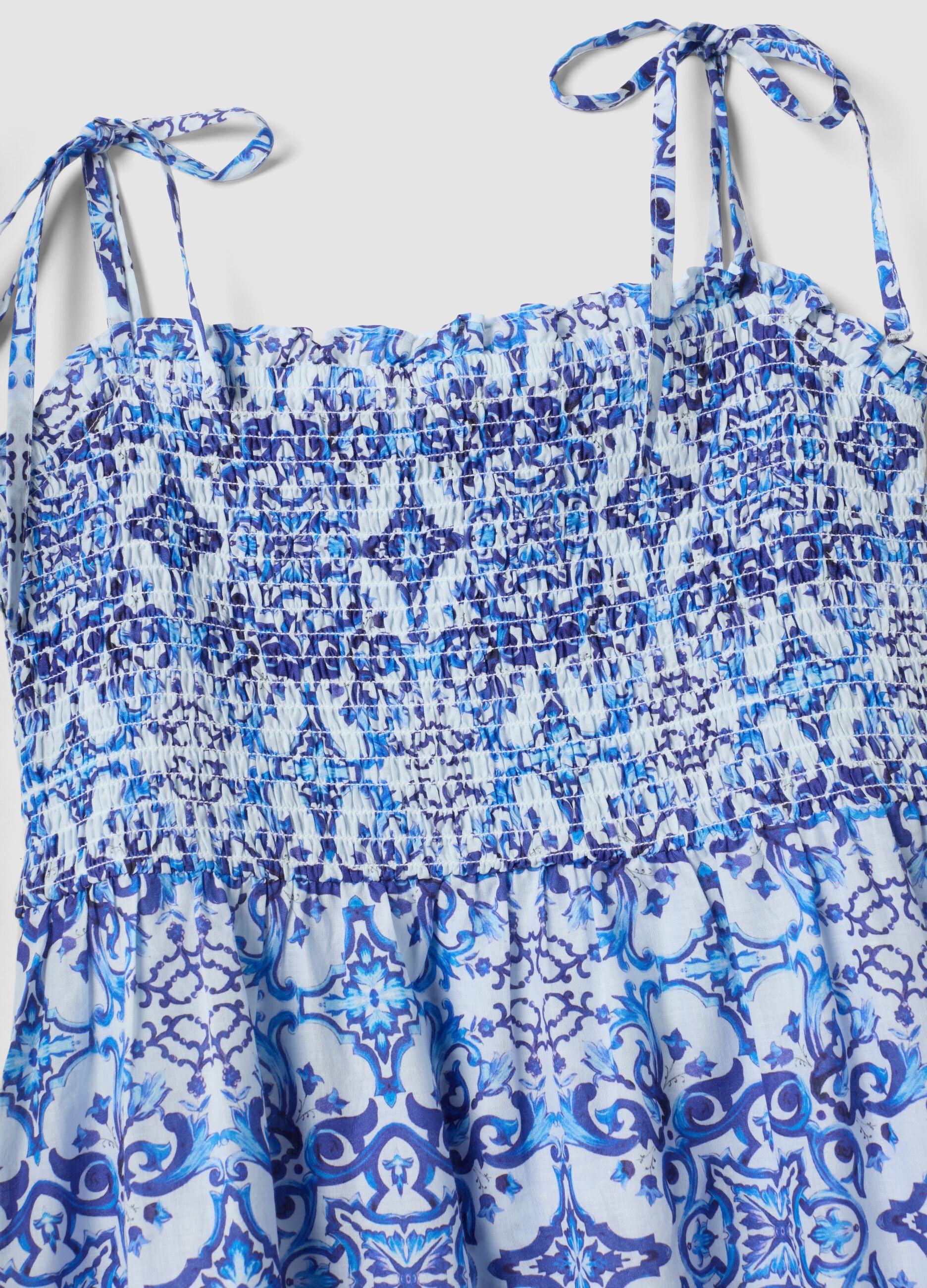 Abito lungo blu in puro cotone con spalline annodate