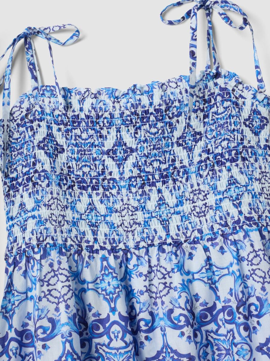 Abito lungo blu in puro cotone con spalline annodate_5