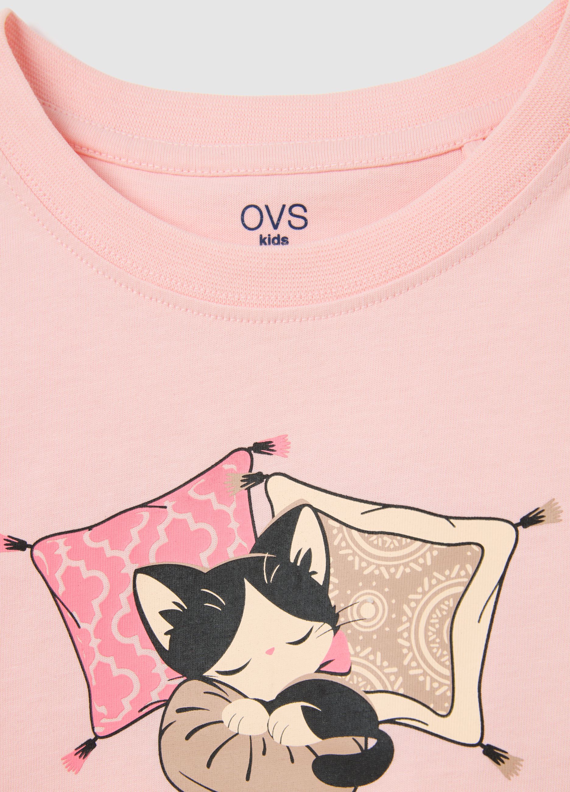 Girl's pink pure cotton T-shirt regular fit with cat print