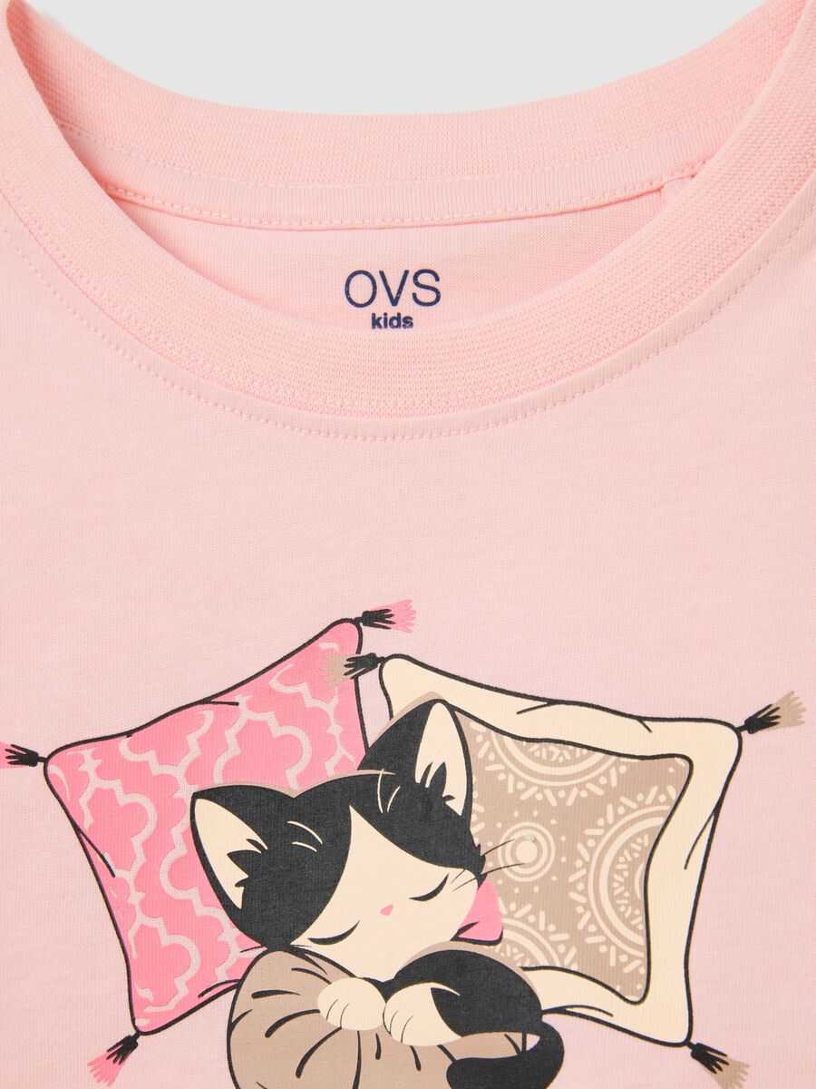Girl's pink pure cotton T-shirt regular fit with cat print_3