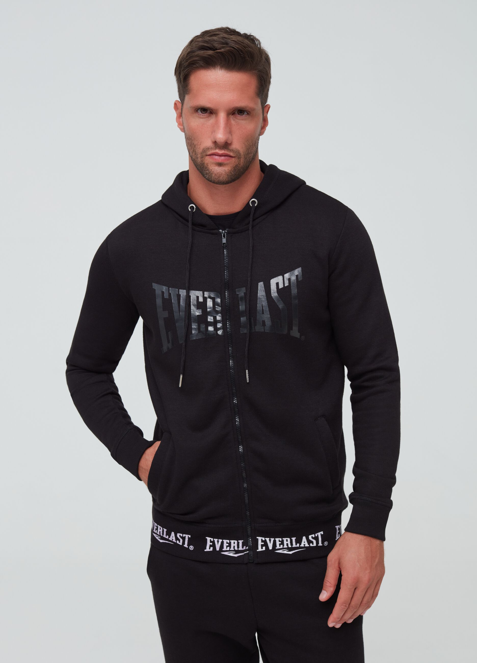 Full-zip sweatshirt with hood and Everlast print