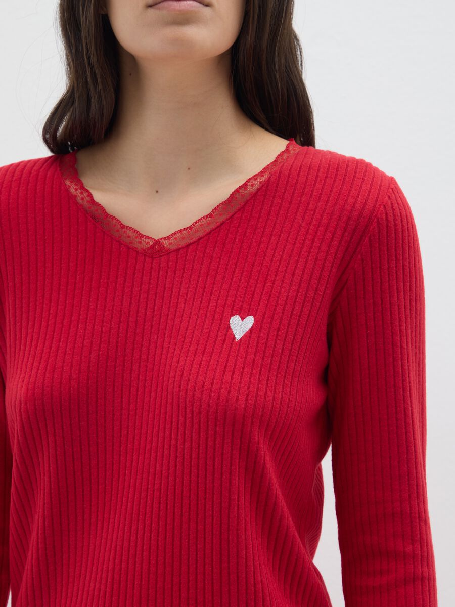 Red V-neck stripe-pattern pyjama top_3