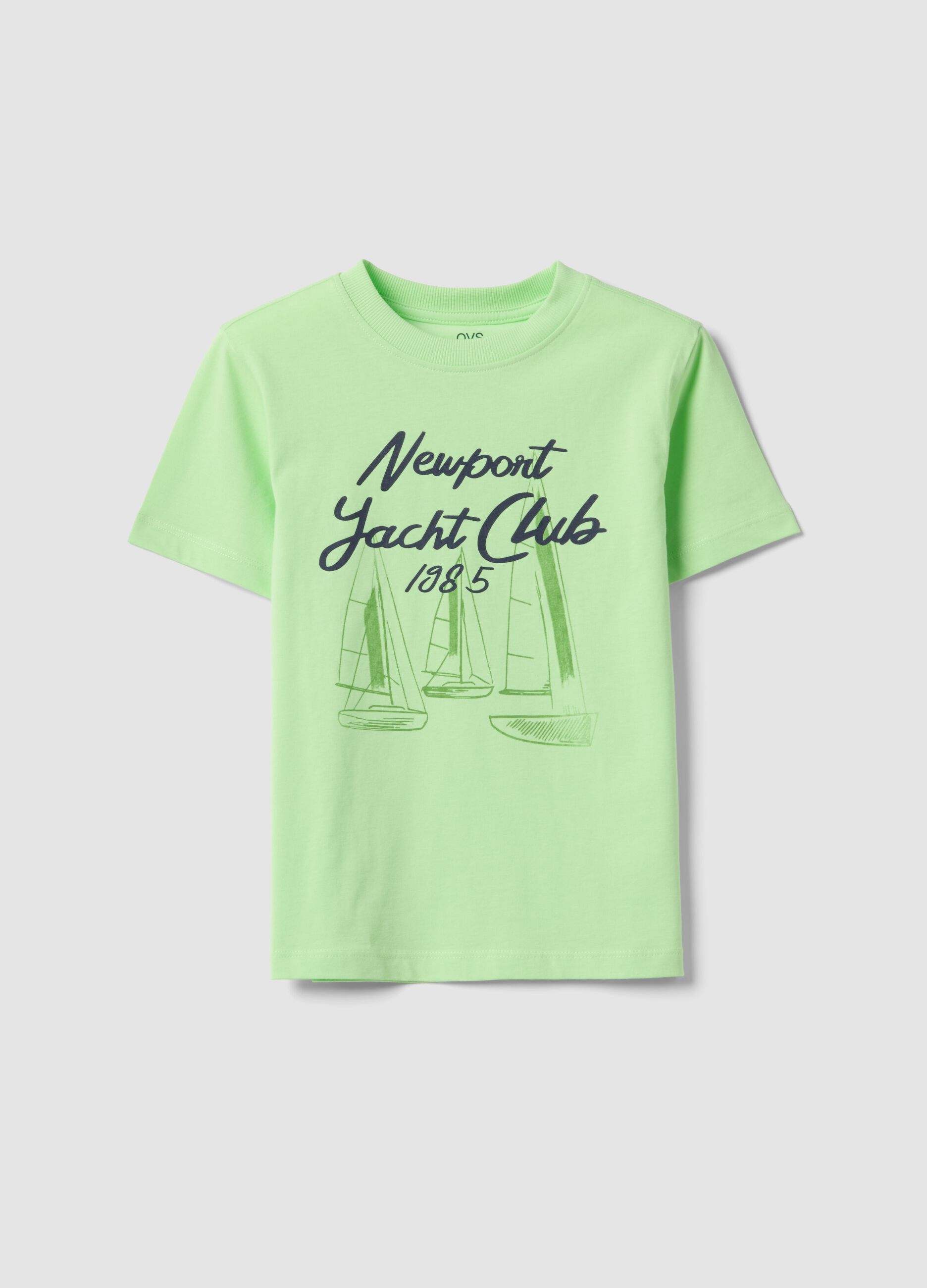 Green pure cotton boys&rsquo; T-shirt with sailing prints