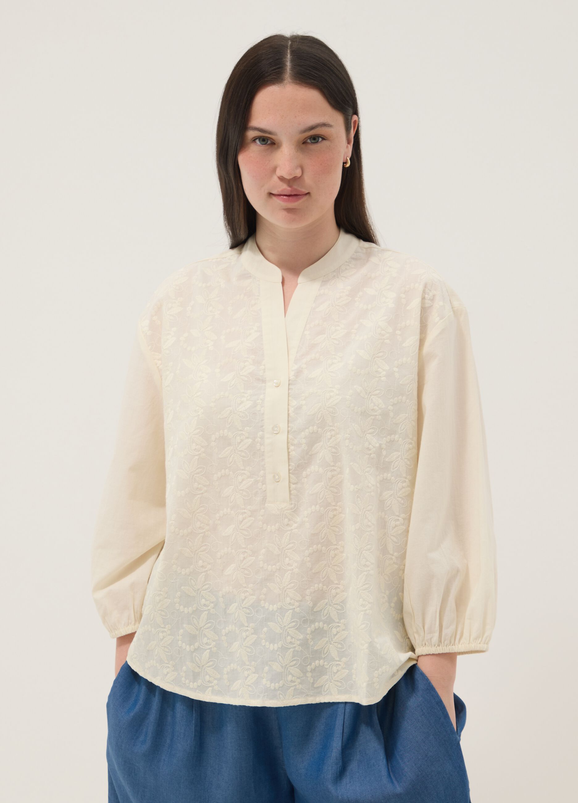 Beige pure cotton shirt with embroidery