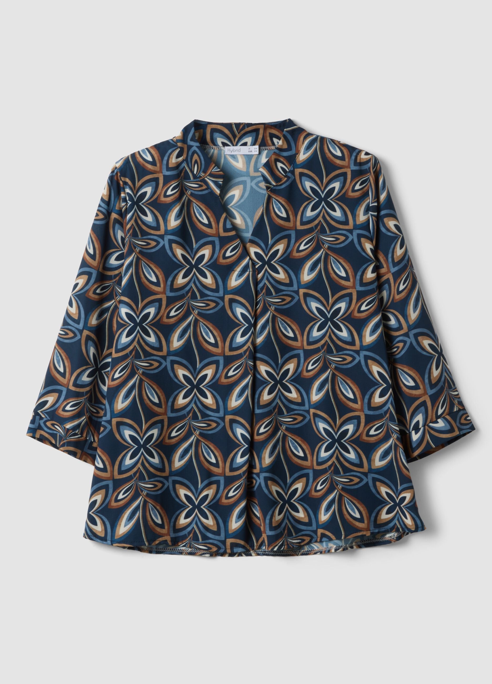 Blue and brown geometric print blouse, regular fit