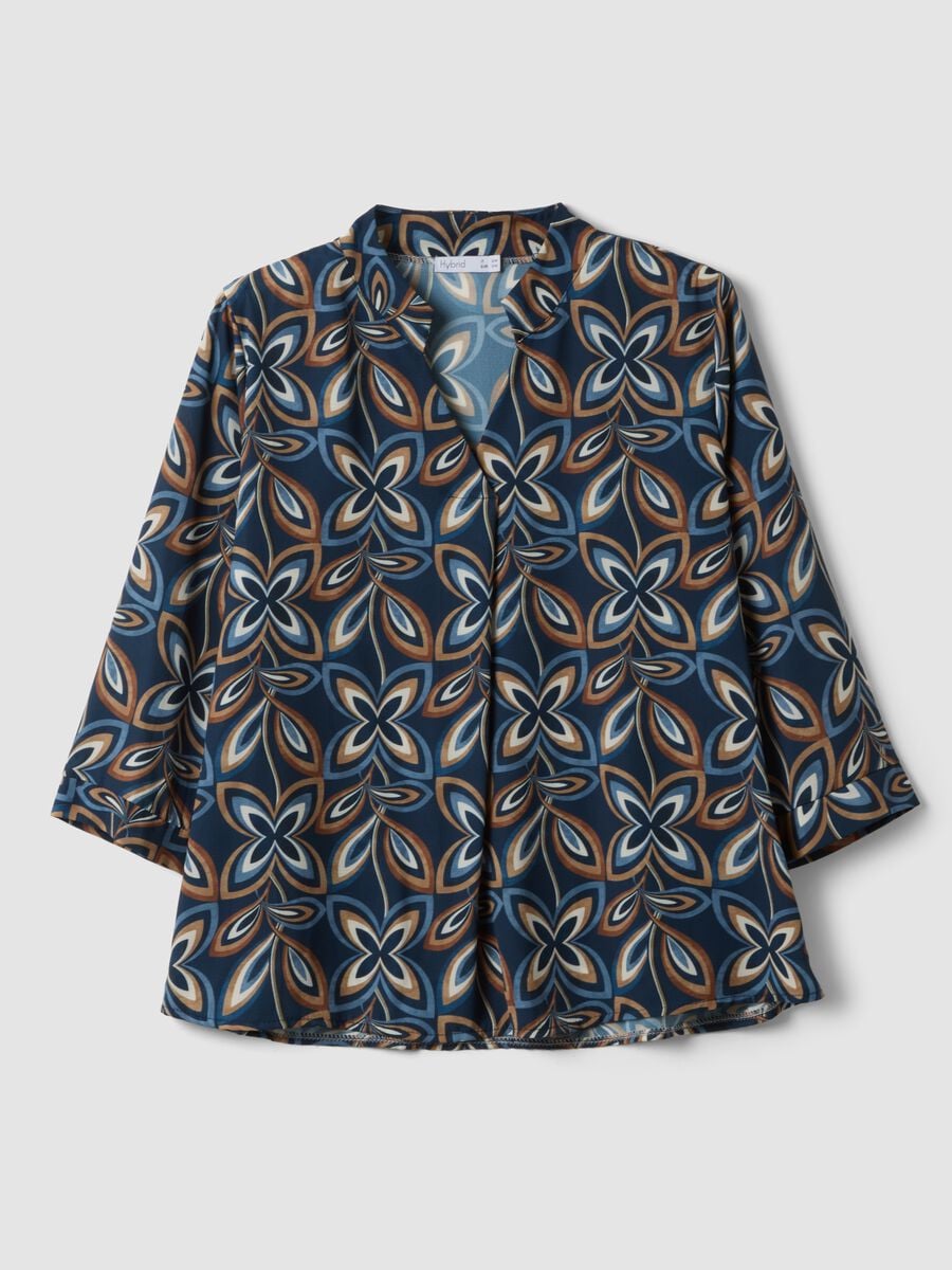 Blue and brown geometric print blouse, regular fit_0