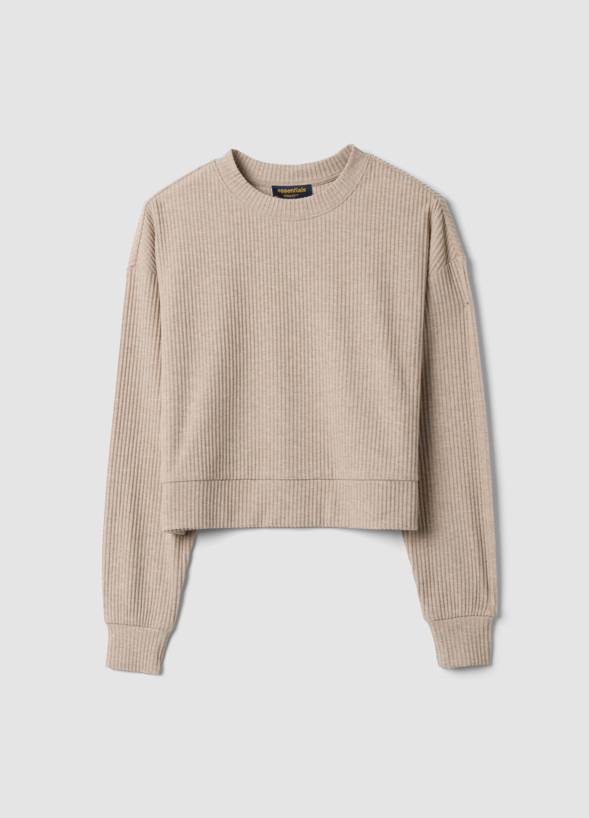 Beige ribbed stretch-viscose crew-neck T-shirt, regular fit