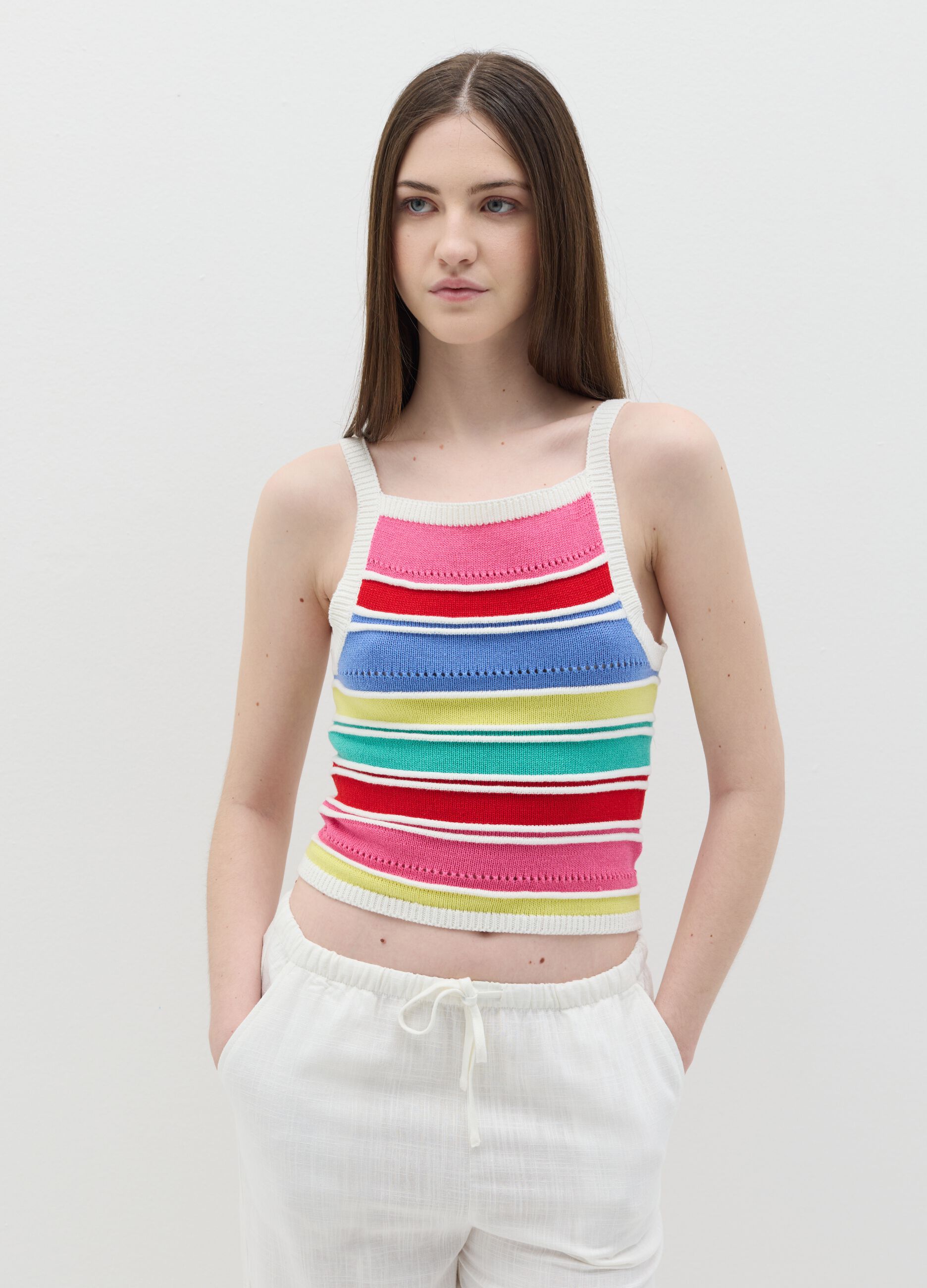 Crochet tank top with multicoloured stripes