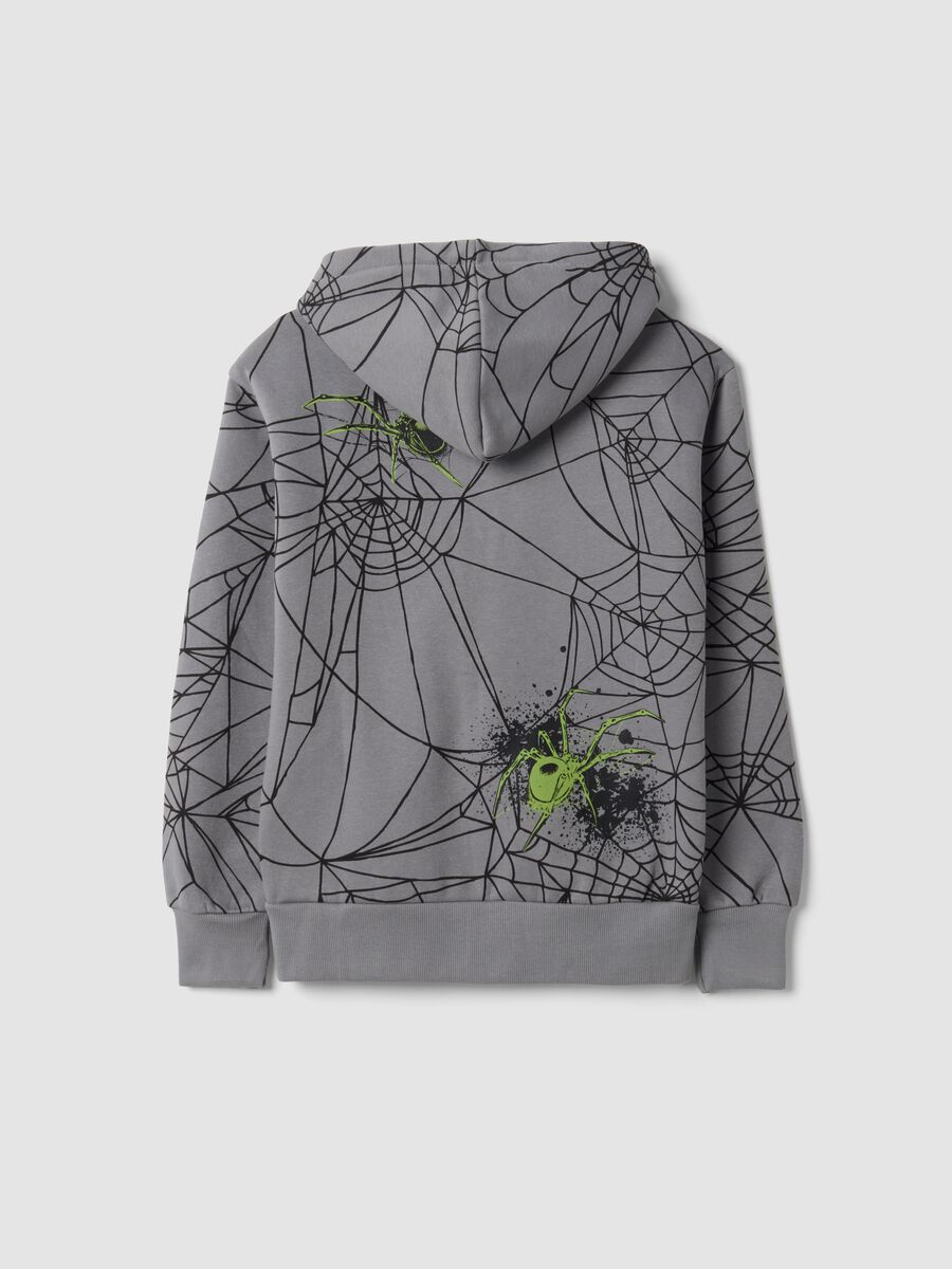 Grey cotton-blend hooded zip sweatshirt with spiderweb print_1