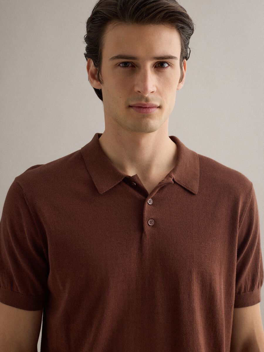 Brown regular fit polo in cotton, linen, and silk blend_3