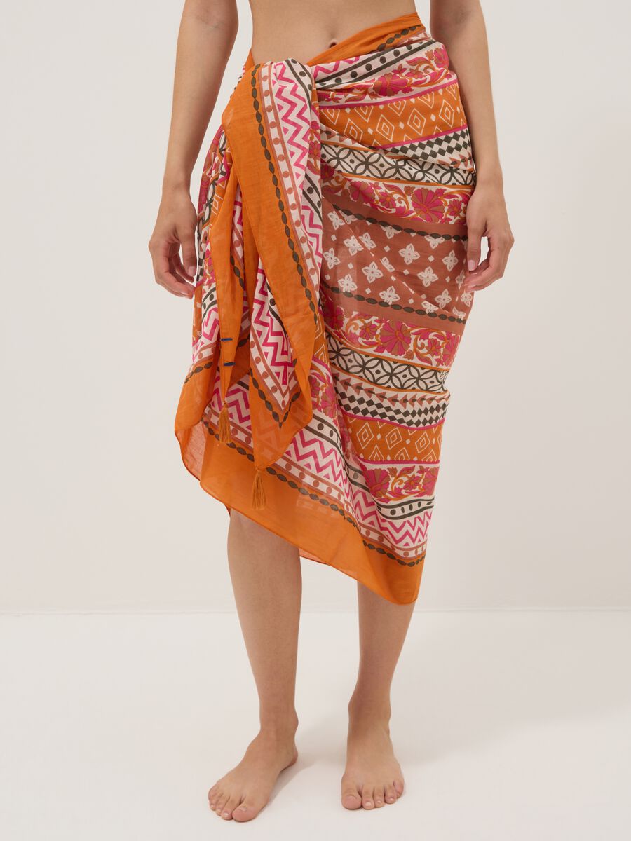 Orange pure cotton pareo with patterned print_1